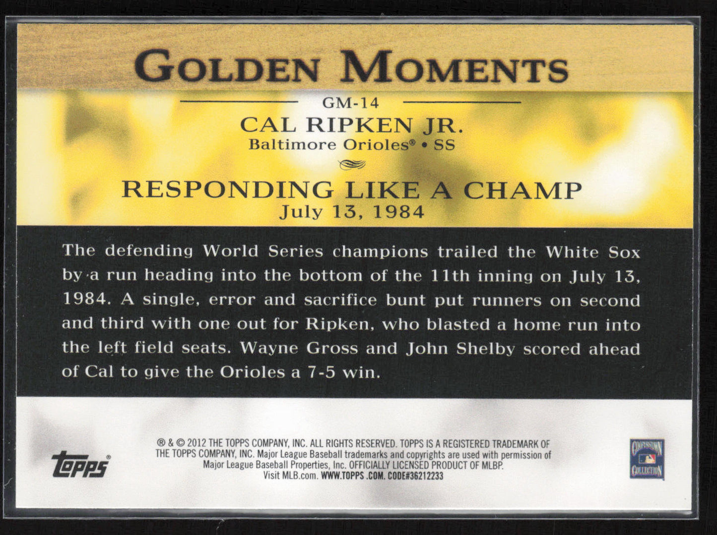 2012 Topps #GM-14 Cal Ripken Jr. Golden Moments (Series 2)