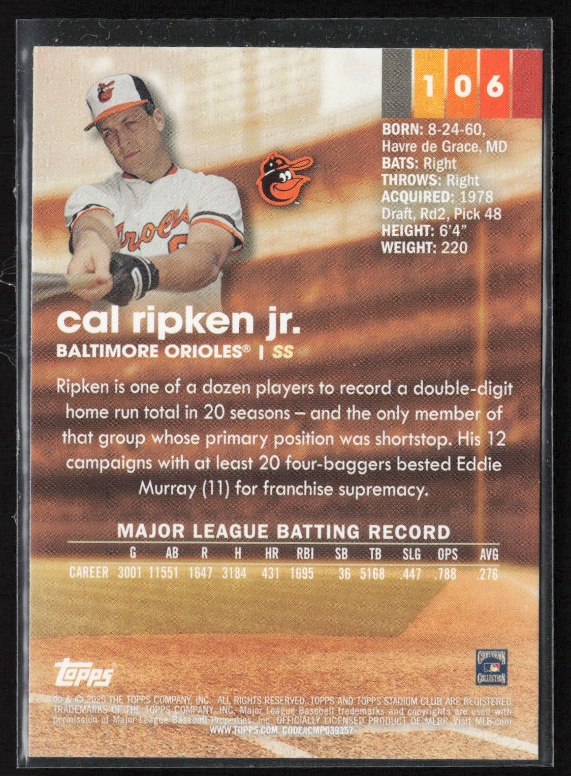 2020 Stadium Club #106 Cal Ripken Jr. Sepia