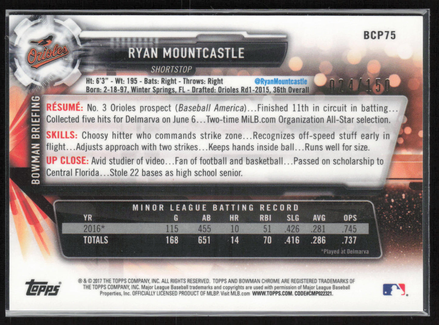 2017 Bowman #BCP75 Ryan Mountcastle Chrome Prospects Blue #/150
