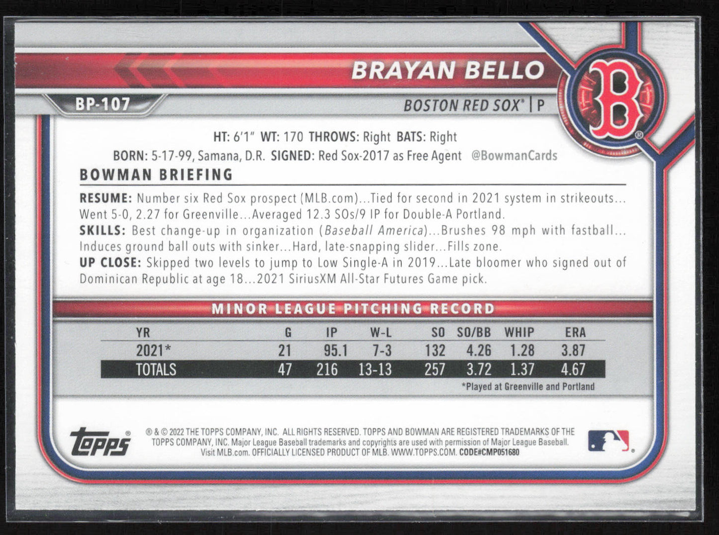 2022 Bowman 1st Edition #BP-107 Brayan Bello