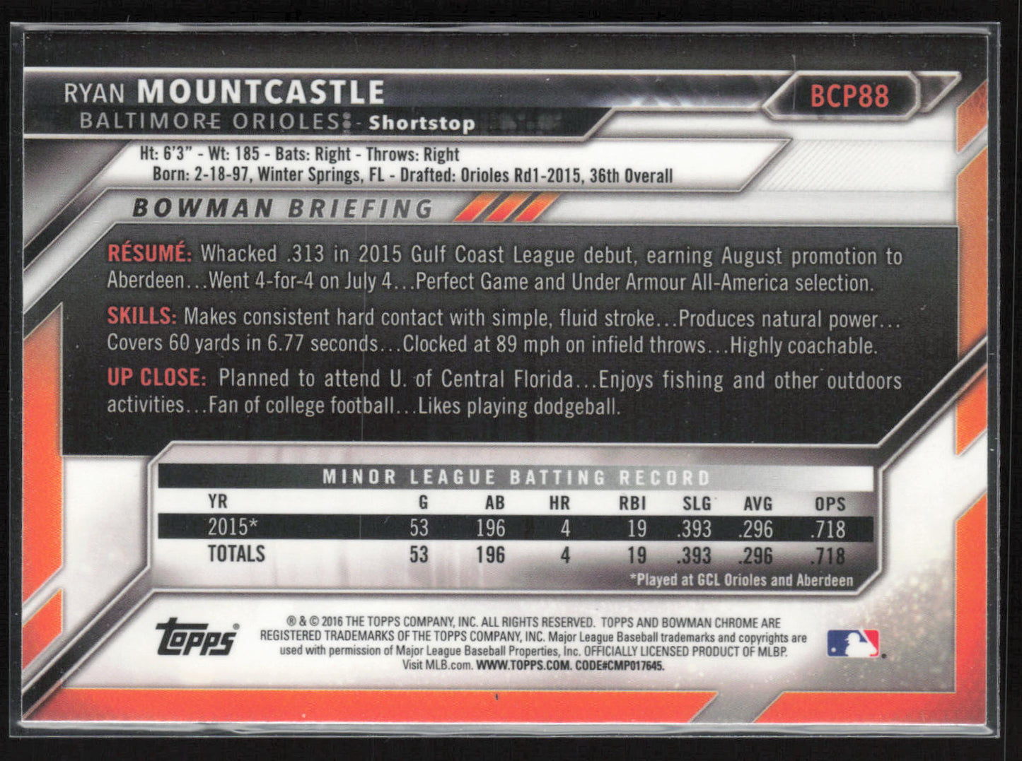 2016 Bowman #BCP88 Ryan Mountcastle Chrome Prospects