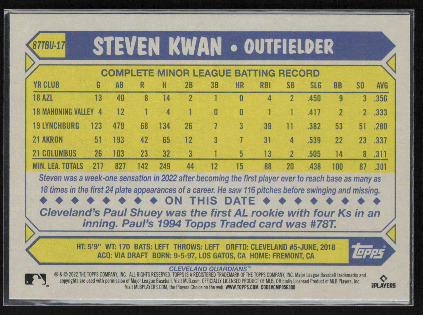 2022 Topps Update #87TBU-17 Steven Kwan 1987 Topps Baseball 35th Anniversary