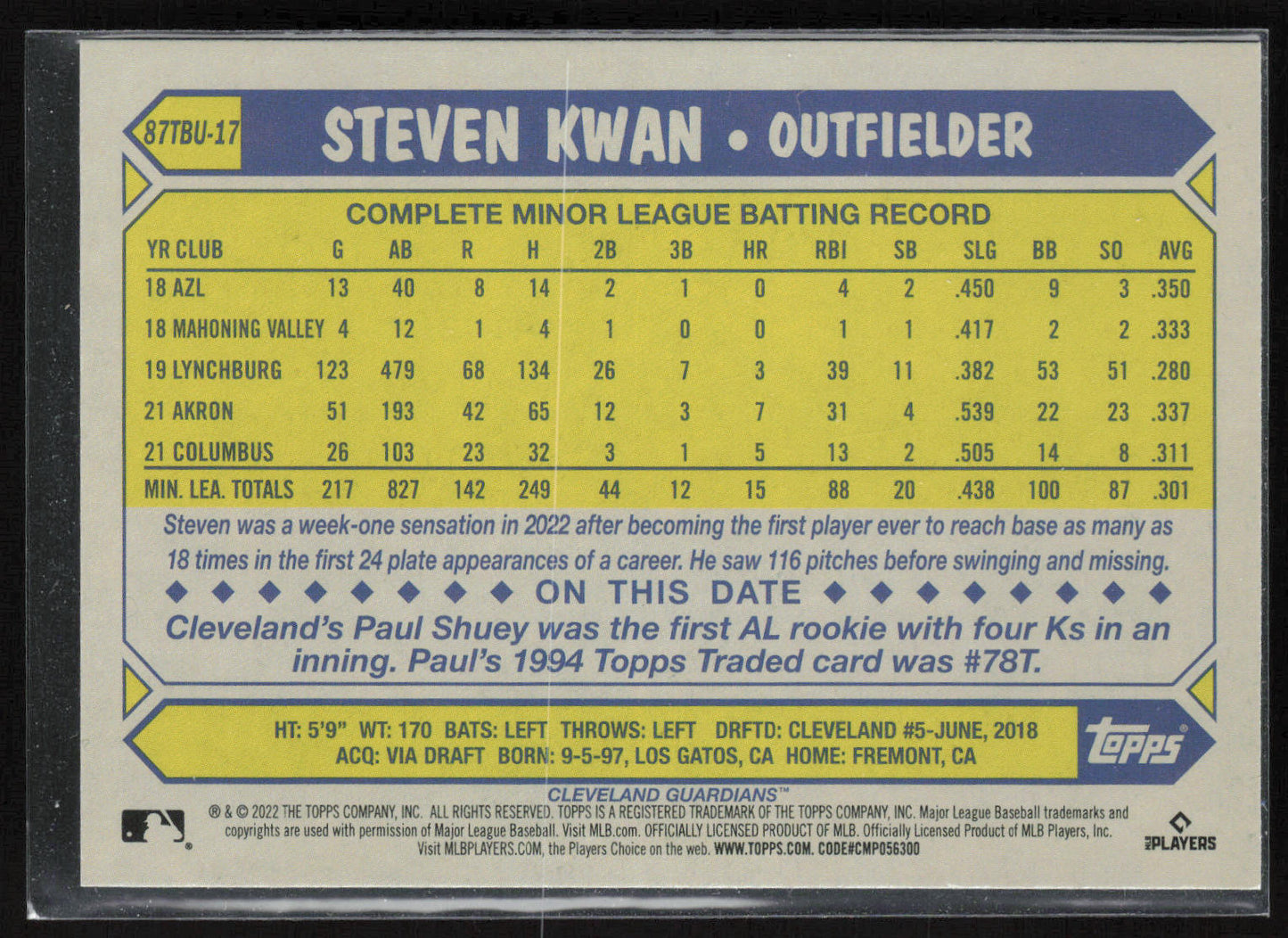 2022 Topps Update #87TBU-17 Steven Kwan 1987 Topps Baseball 35th Anniversary