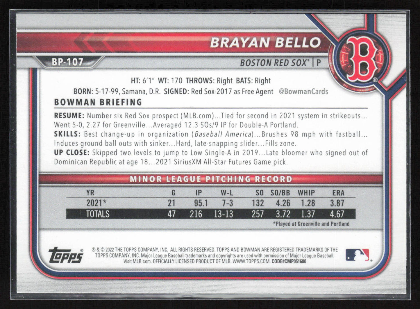 2022 Bowman 1st Edition #BPPF-107 Brayan Bello