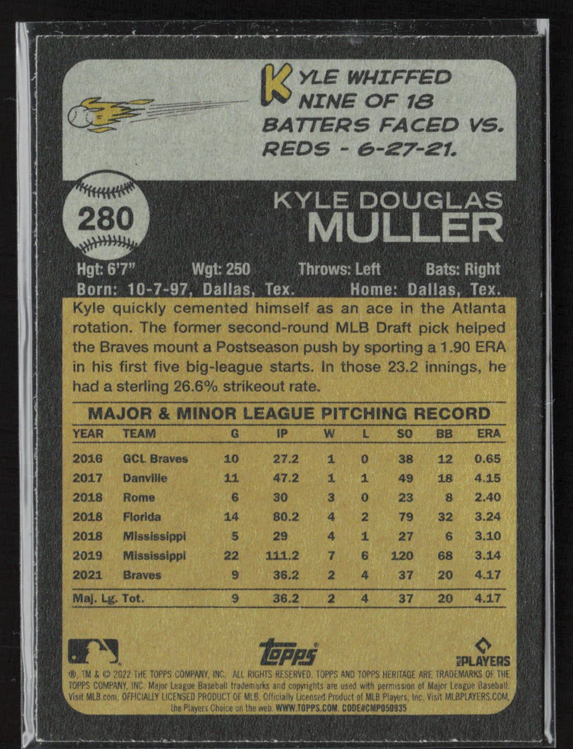 2022 Topps Heritage #280 Kyle Muller Chrome Purple Refractor