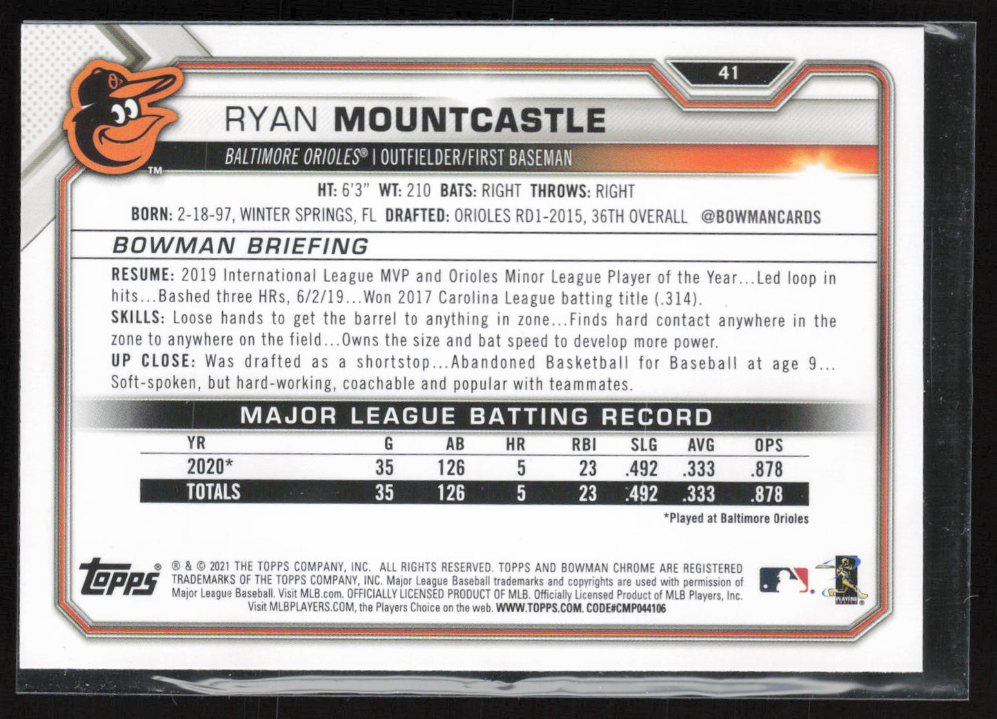 2021 Bowman #41 Ryan Mountcastle
