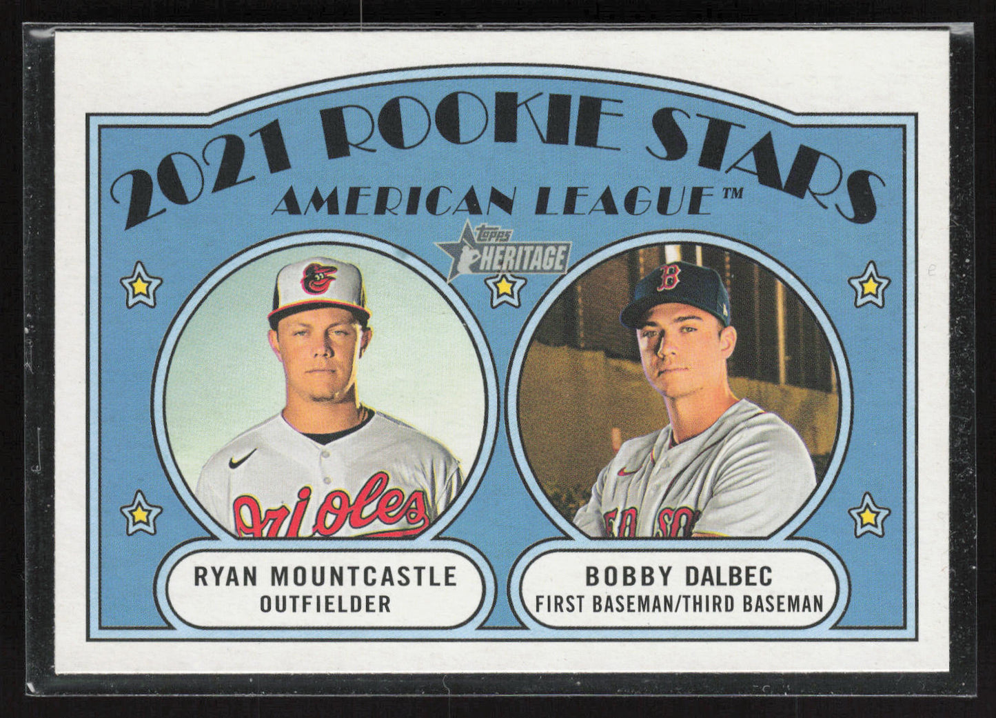 2021 Topps Heritage #185 AL 2021 Rookie Stars (Mountcastle / Dalbec) RS, RC