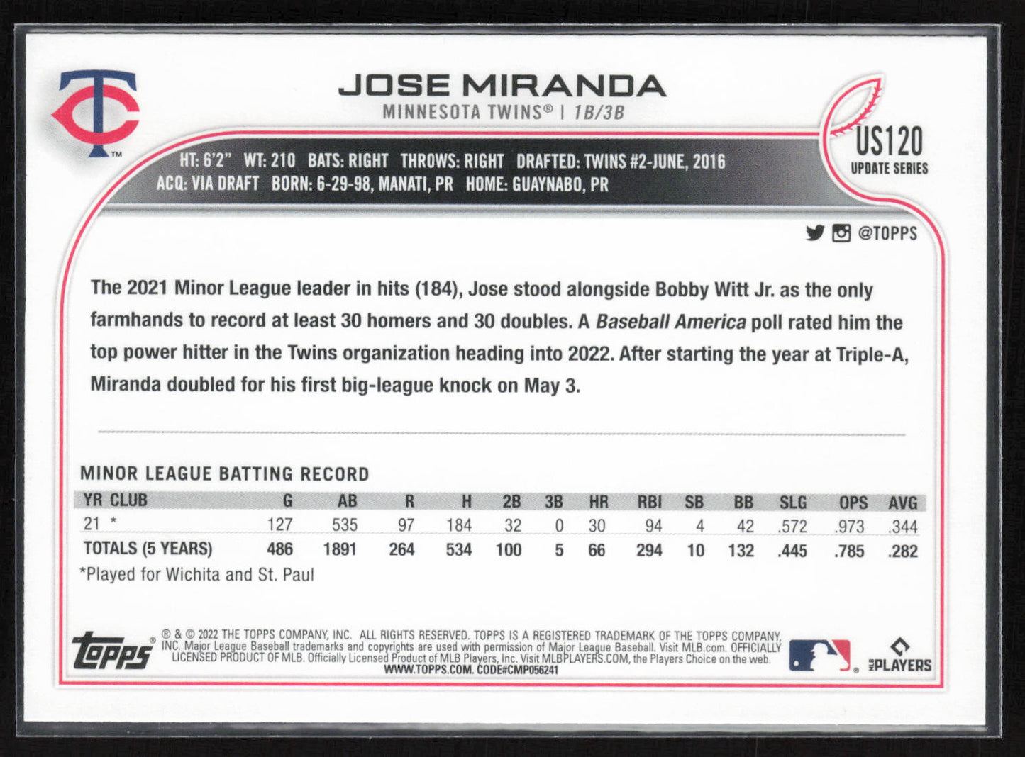 2022 Topps Update #US120 Jose Miranda