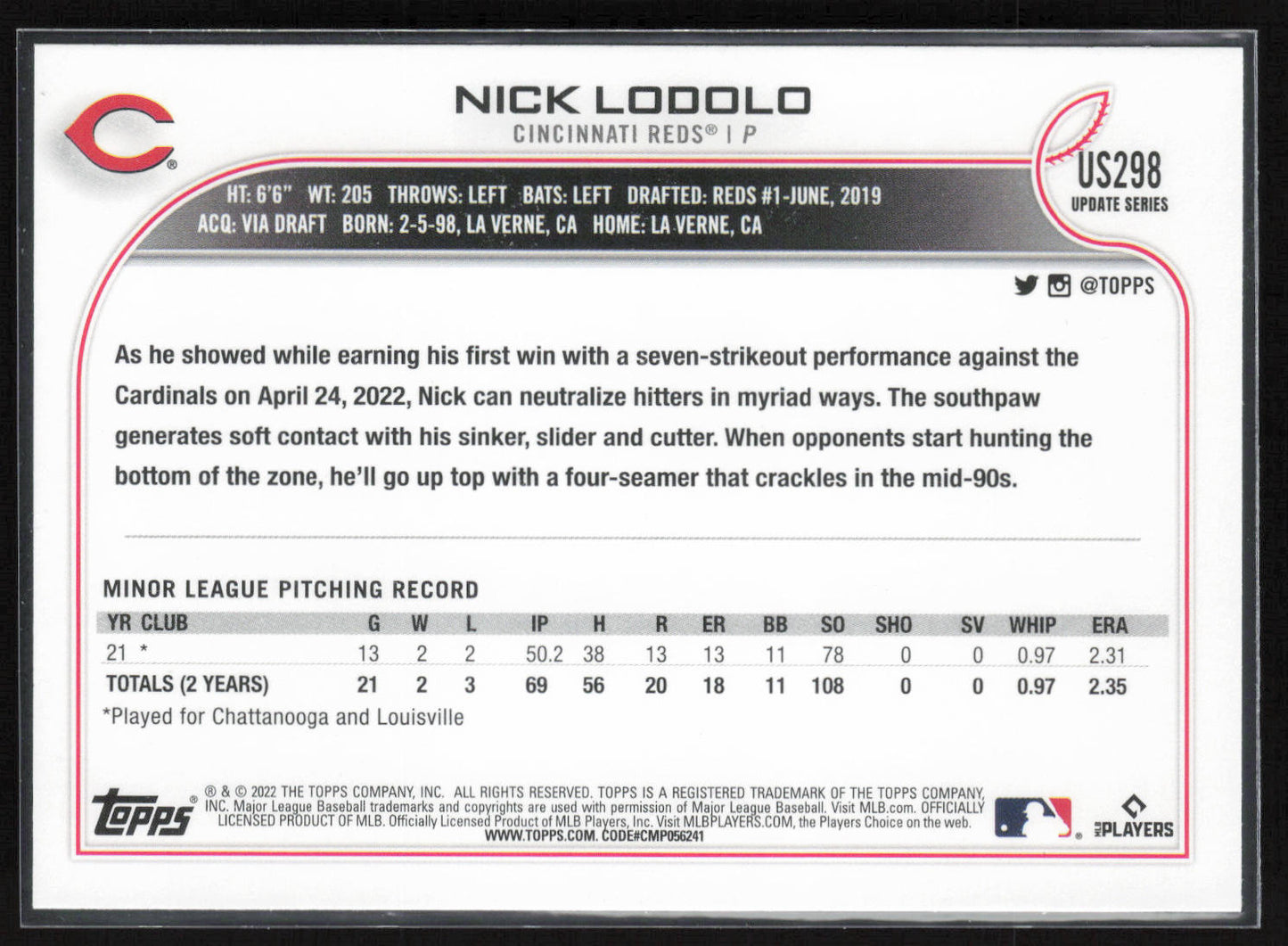2022 Topps Update #US298 Nick Lodolo
