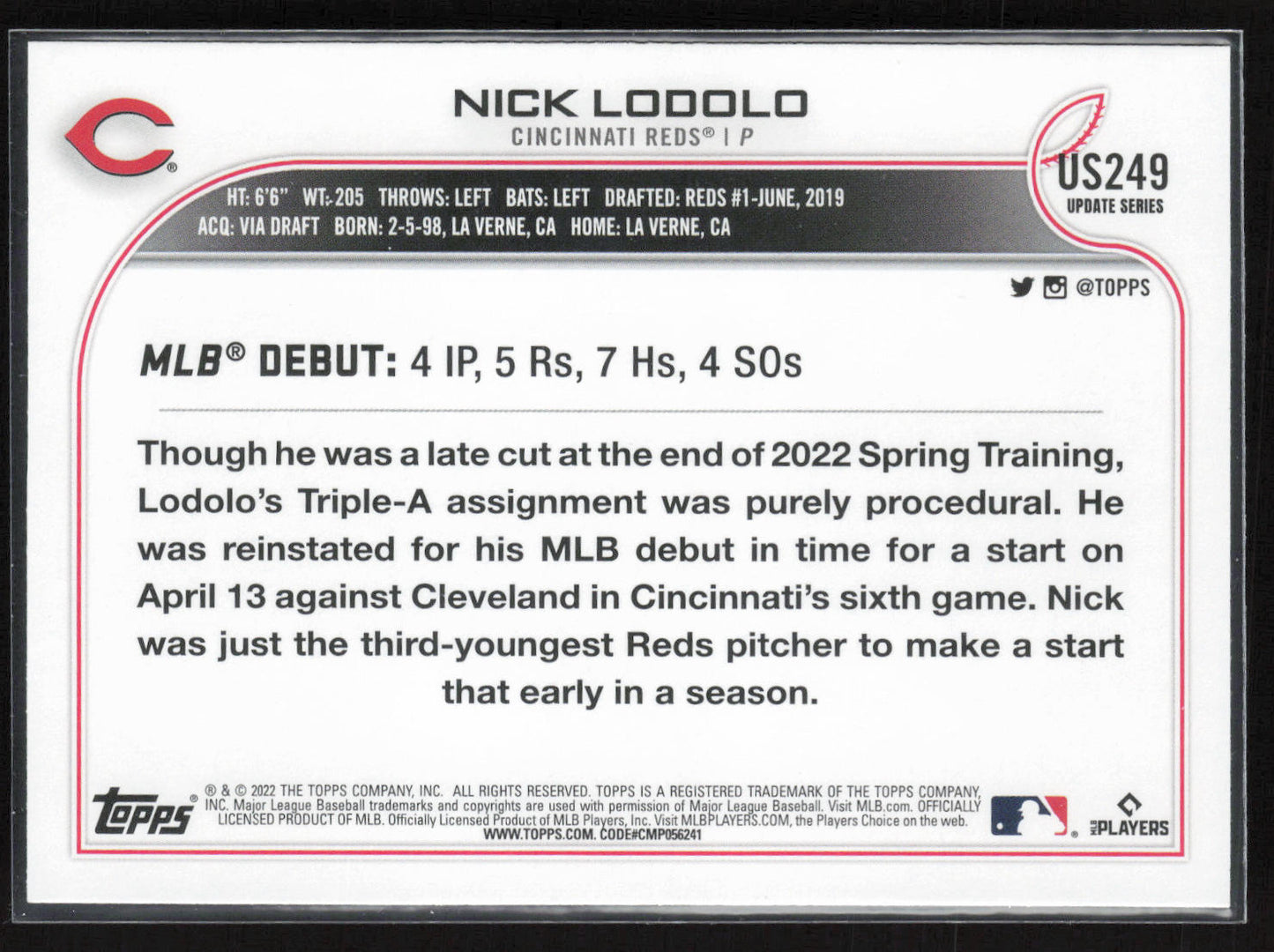 2022 Topps Update #US249 Nick Lodolo