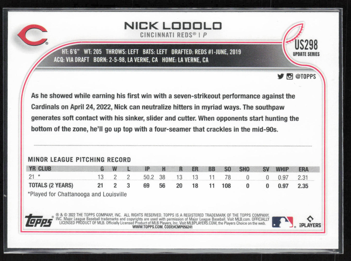 2022 Topps Update #US298 Nick Lodolo