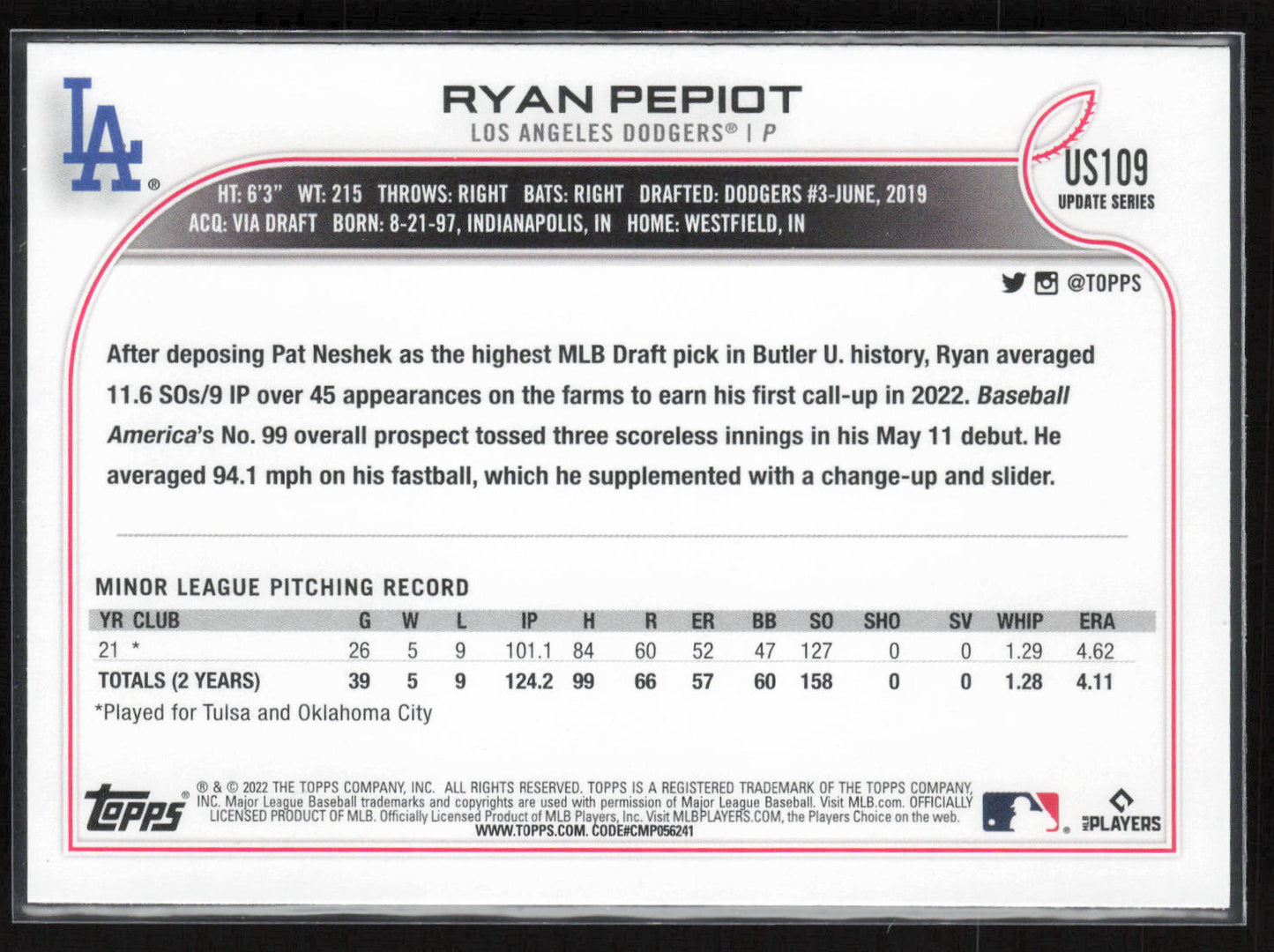2022 Topps Update #US109 Ryan Pepiot