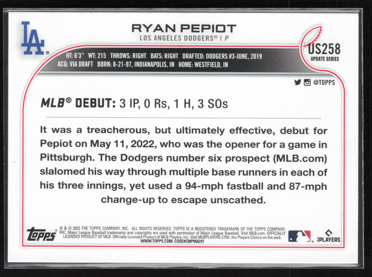 2022 Topps Update #US258 Ryan Pepiot