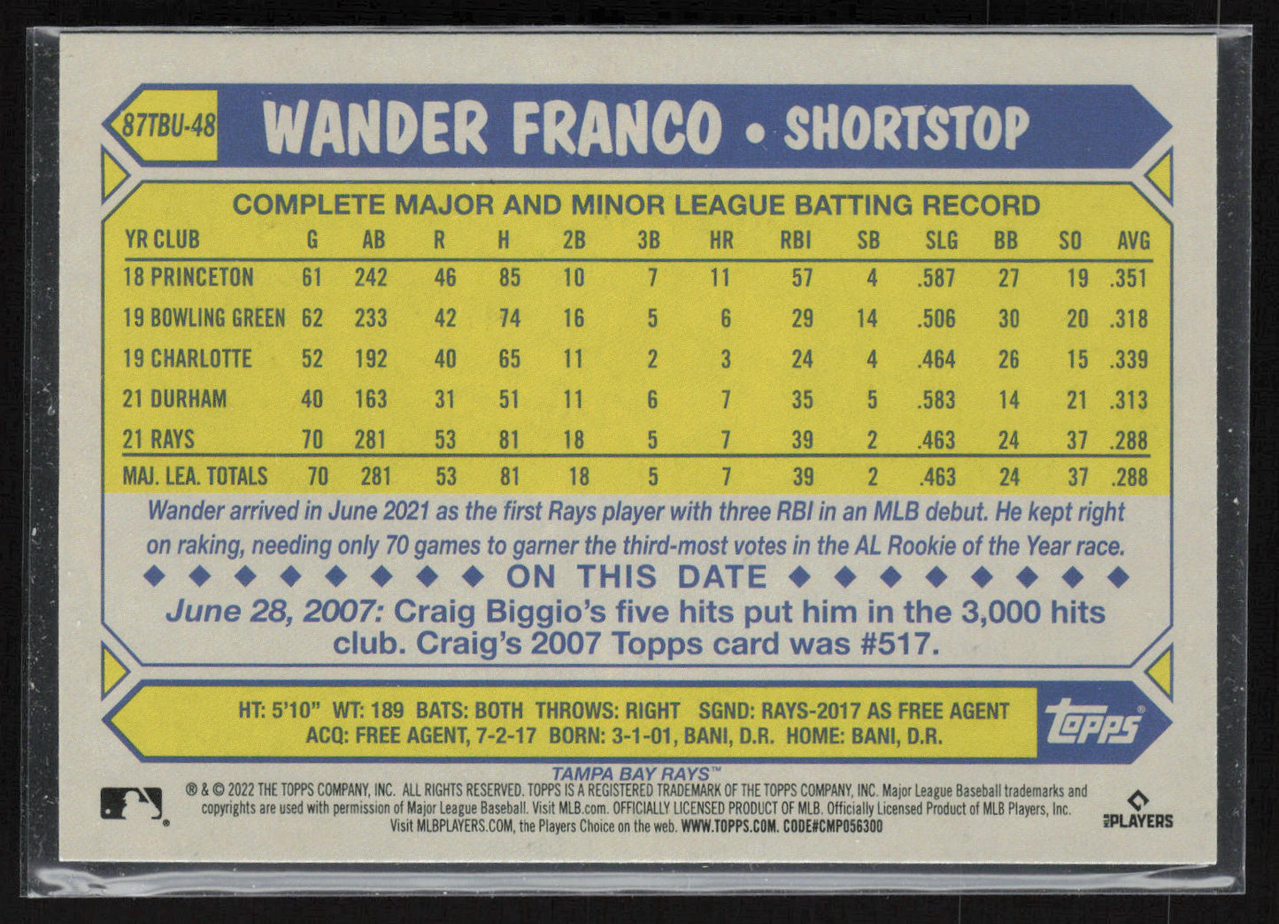2022 Topps Update #87TBU-48 Wander Franco 1987 Topps Baseball 35th Anniversary
