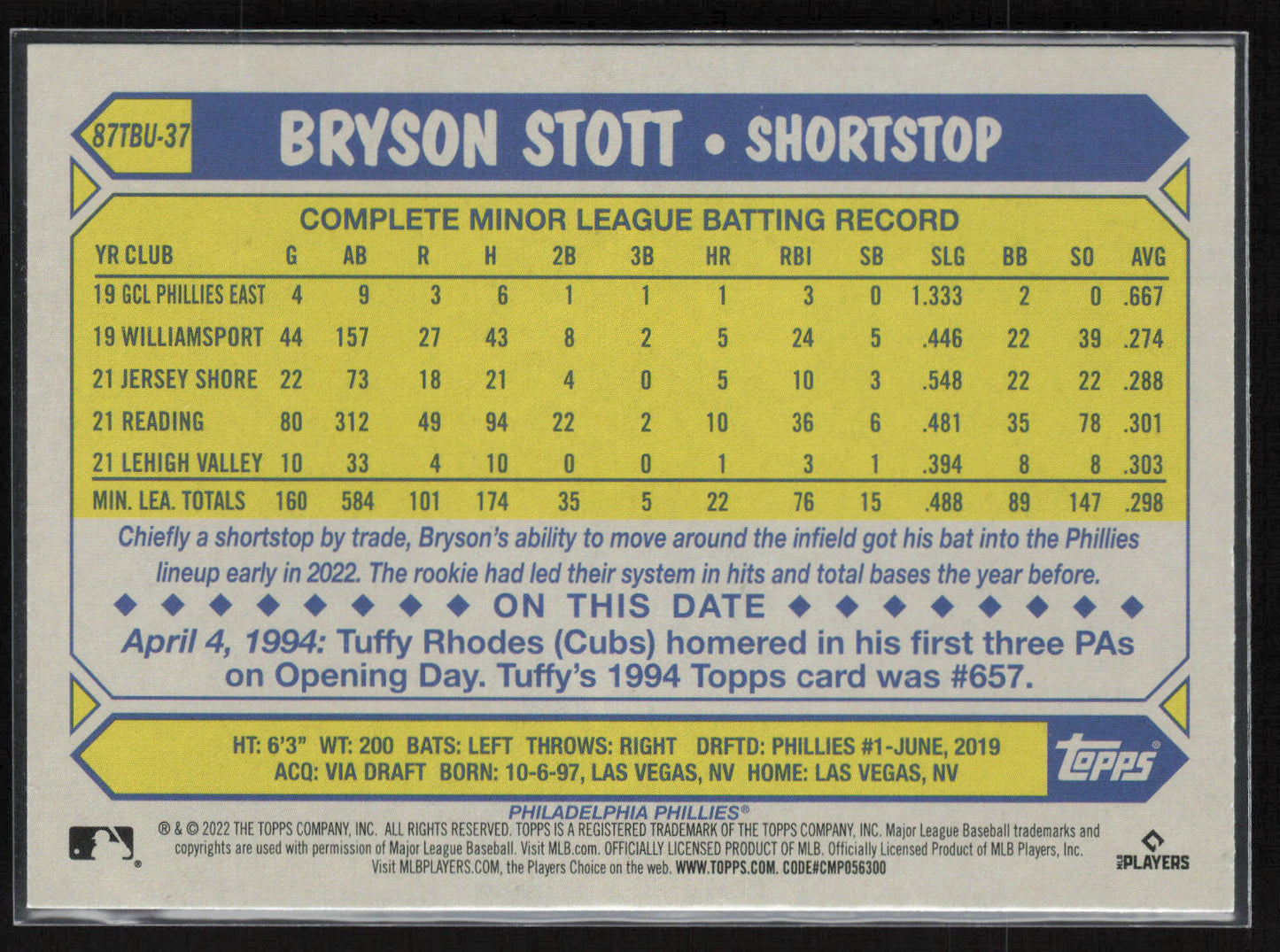 2022 Topps Update #87TBU-37 Bryson Stott 1987 Topps Baseball 35th Anniversary