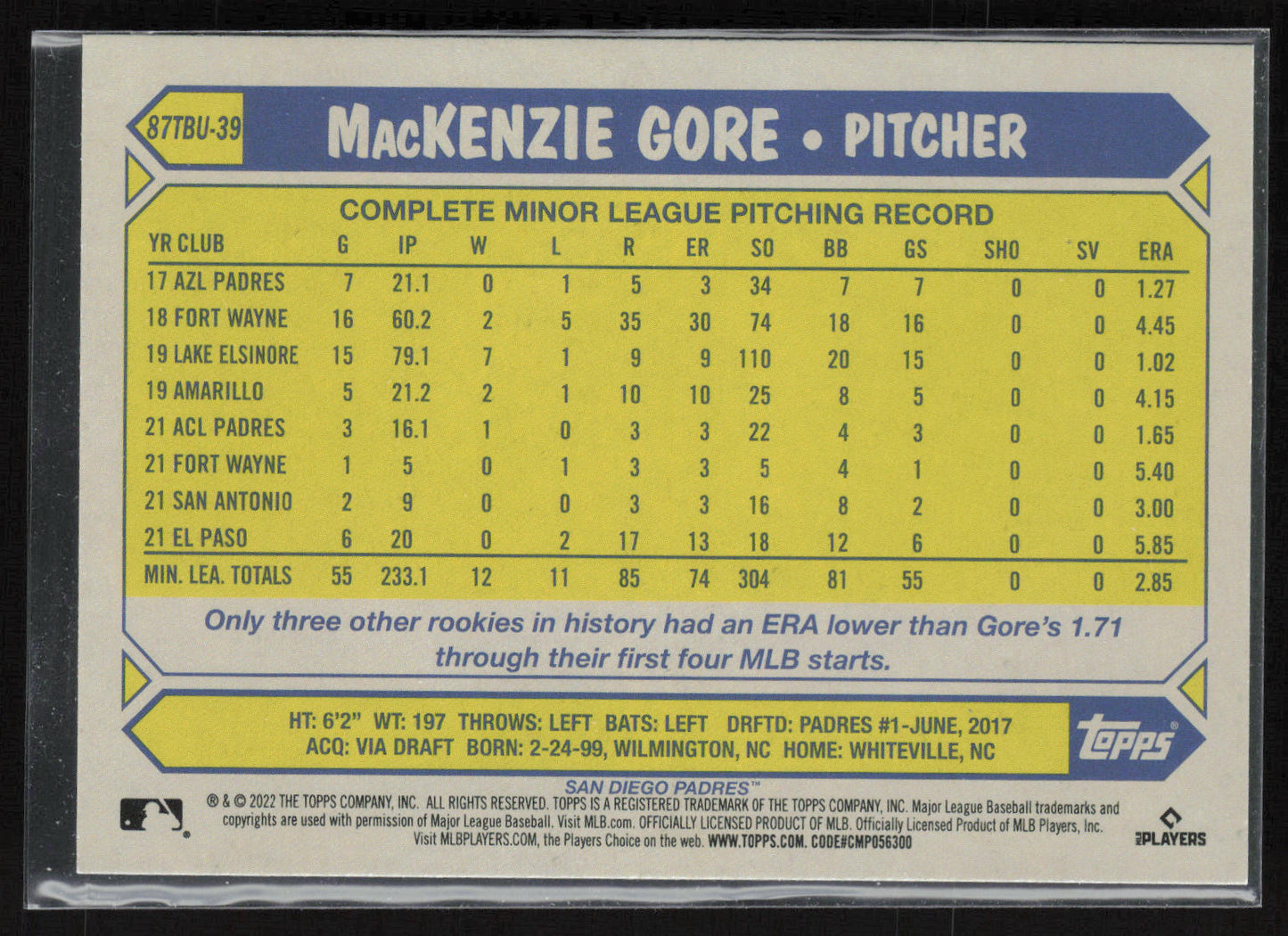 2022 Topps Update #87TBU-39 MacKenzie Gore 1987 Topps Baseball 35th Anniversary