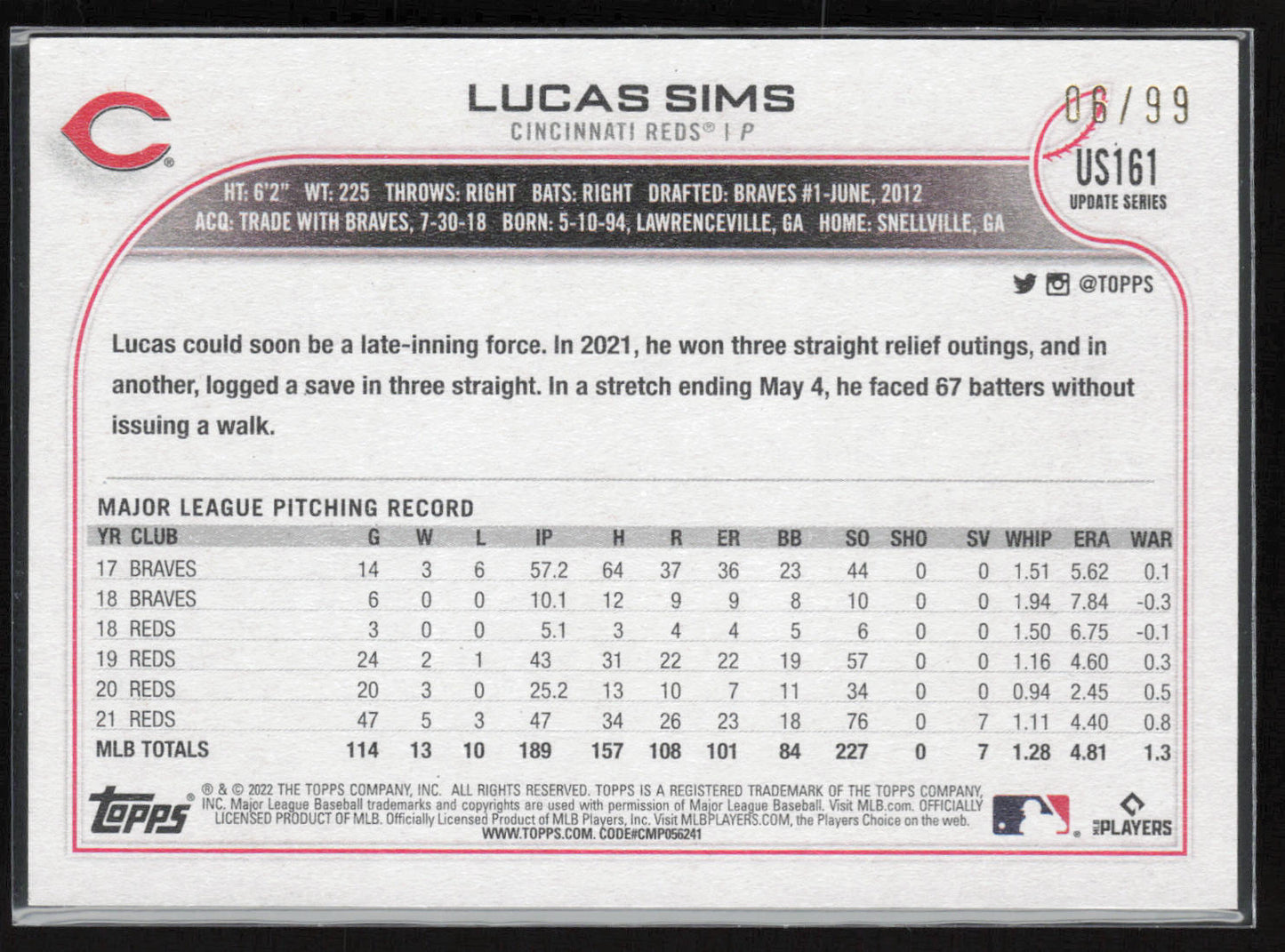 2022 Topps Update #US161 Lucas Sims Vintage Stock #6 of 99