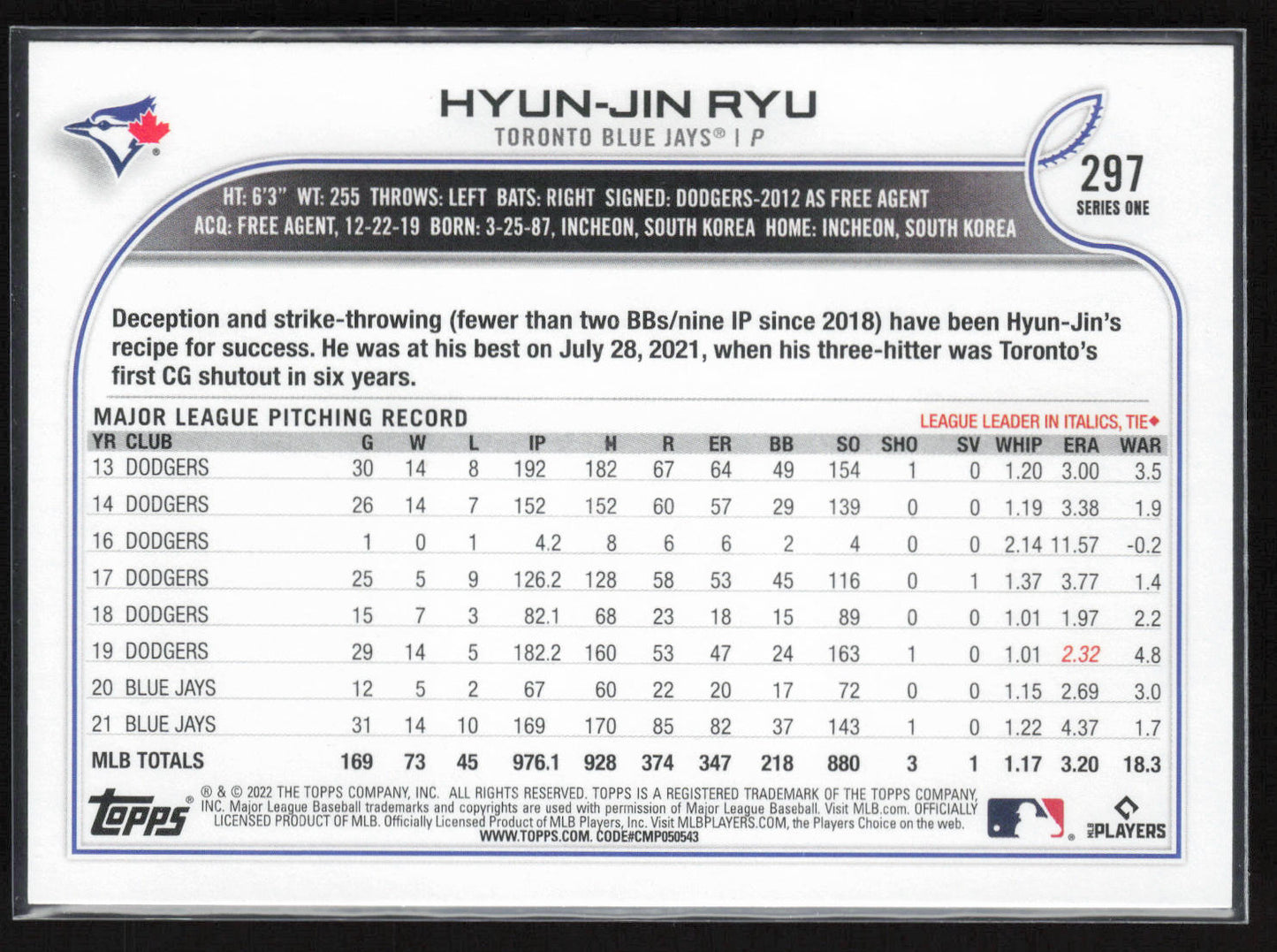 2022 Topps #297 Hyun-Jin Ryu