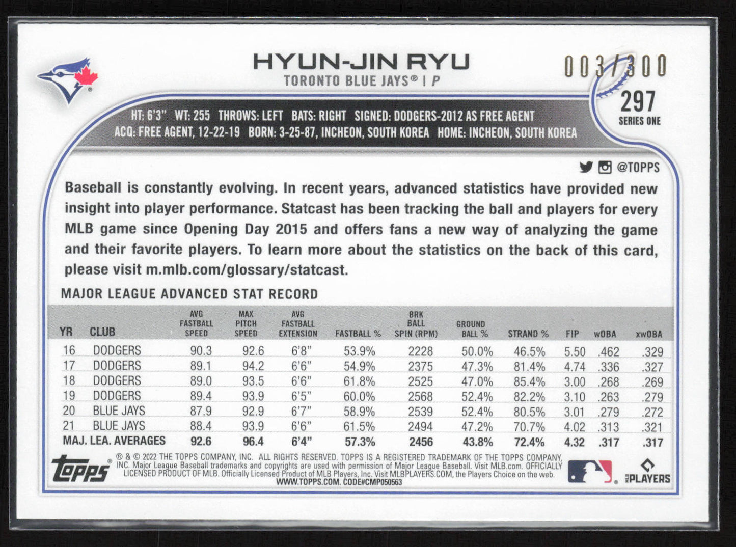 2022 Topps 1st Edition #297 Hyun-Jin Ryu Stat Card #003 of 300