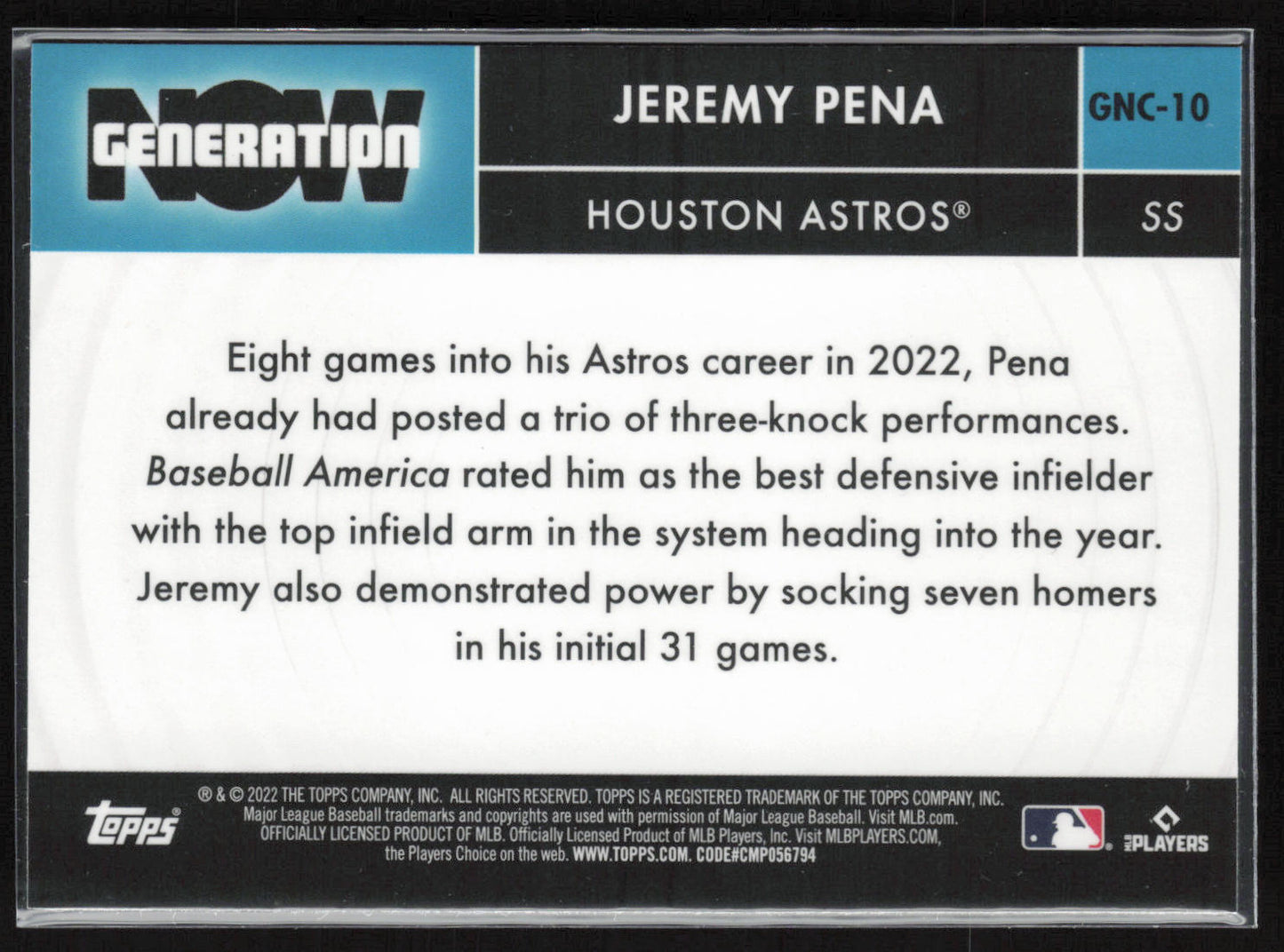 2022 Topps Update #GN-69 Jeremy Pena Generation Now
