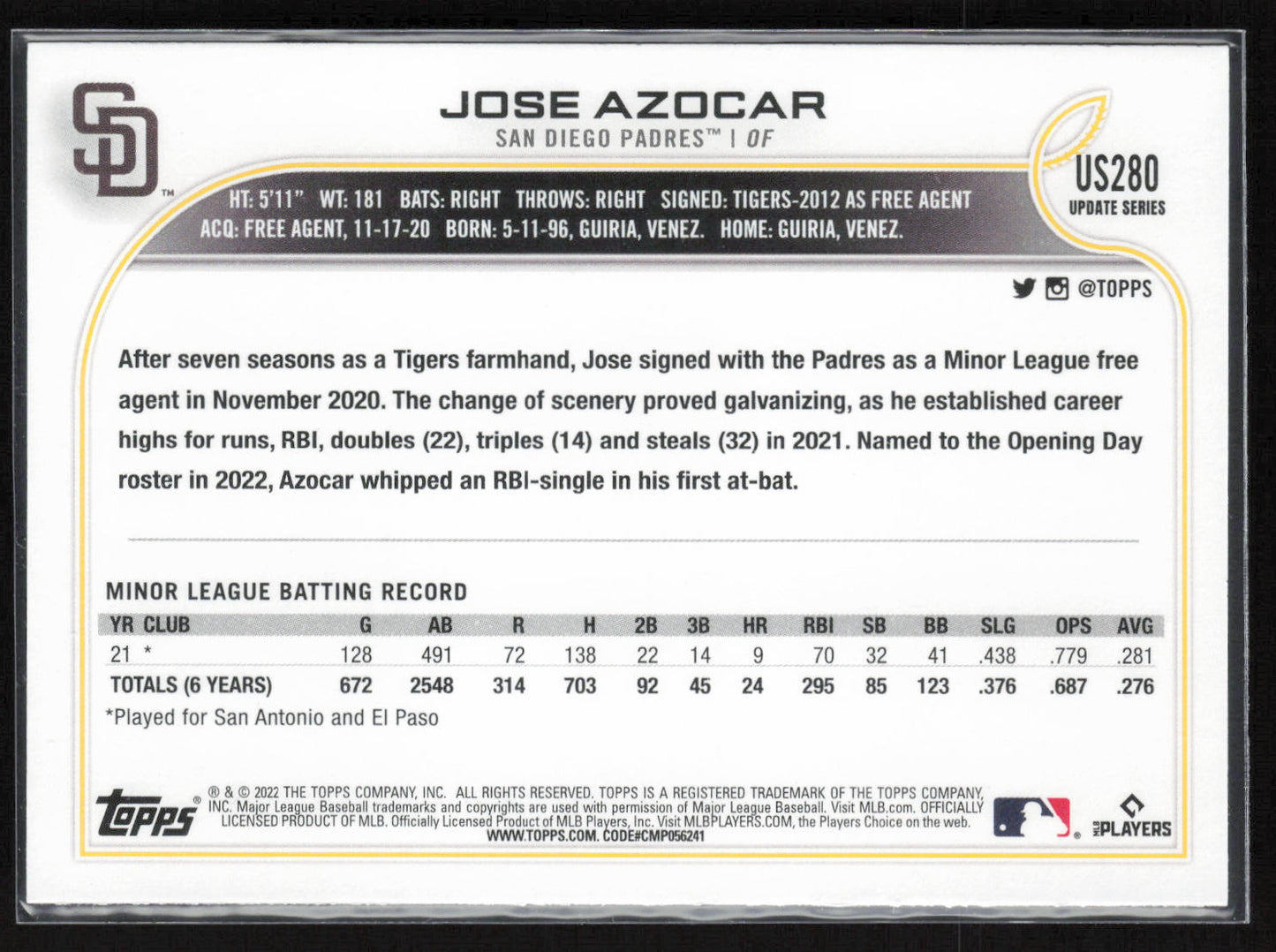 2022 Topps Update #US280 Jose Azocar Royal Blue