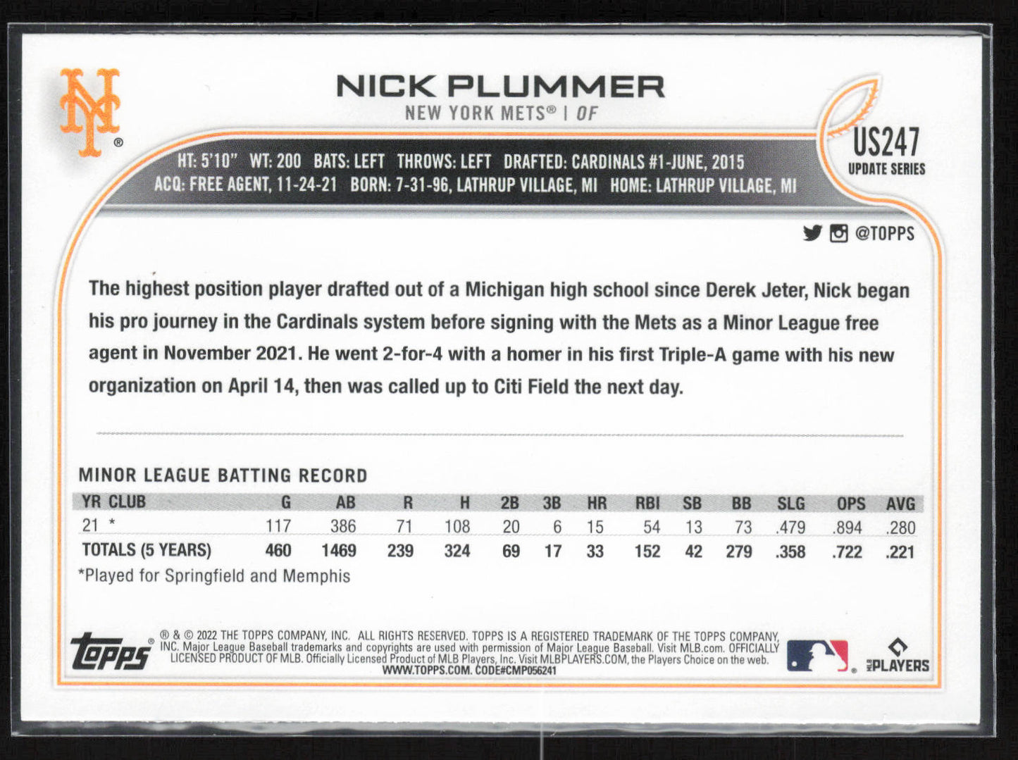 2022 Topps Update #US247 Nick Plummer Royal Blue