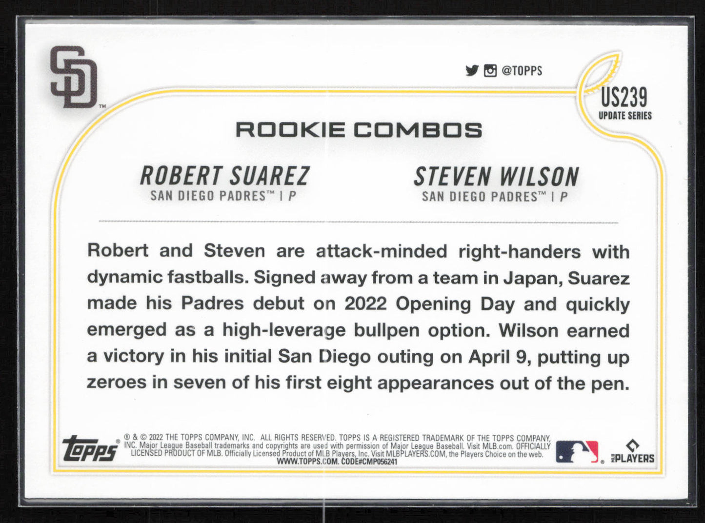 2022 Topps Update #US239 Robert Suarez / Steven Wilson RCOM Royal Blue