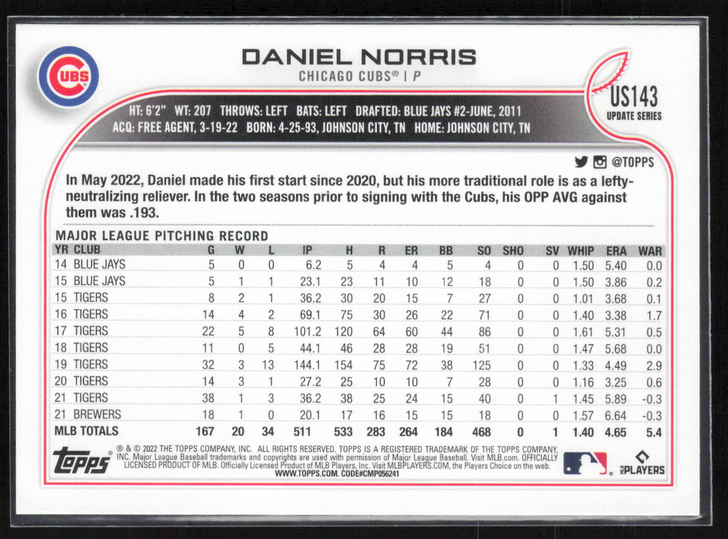 2022 Topps Update #US143 Daniel Norris Royal Blue