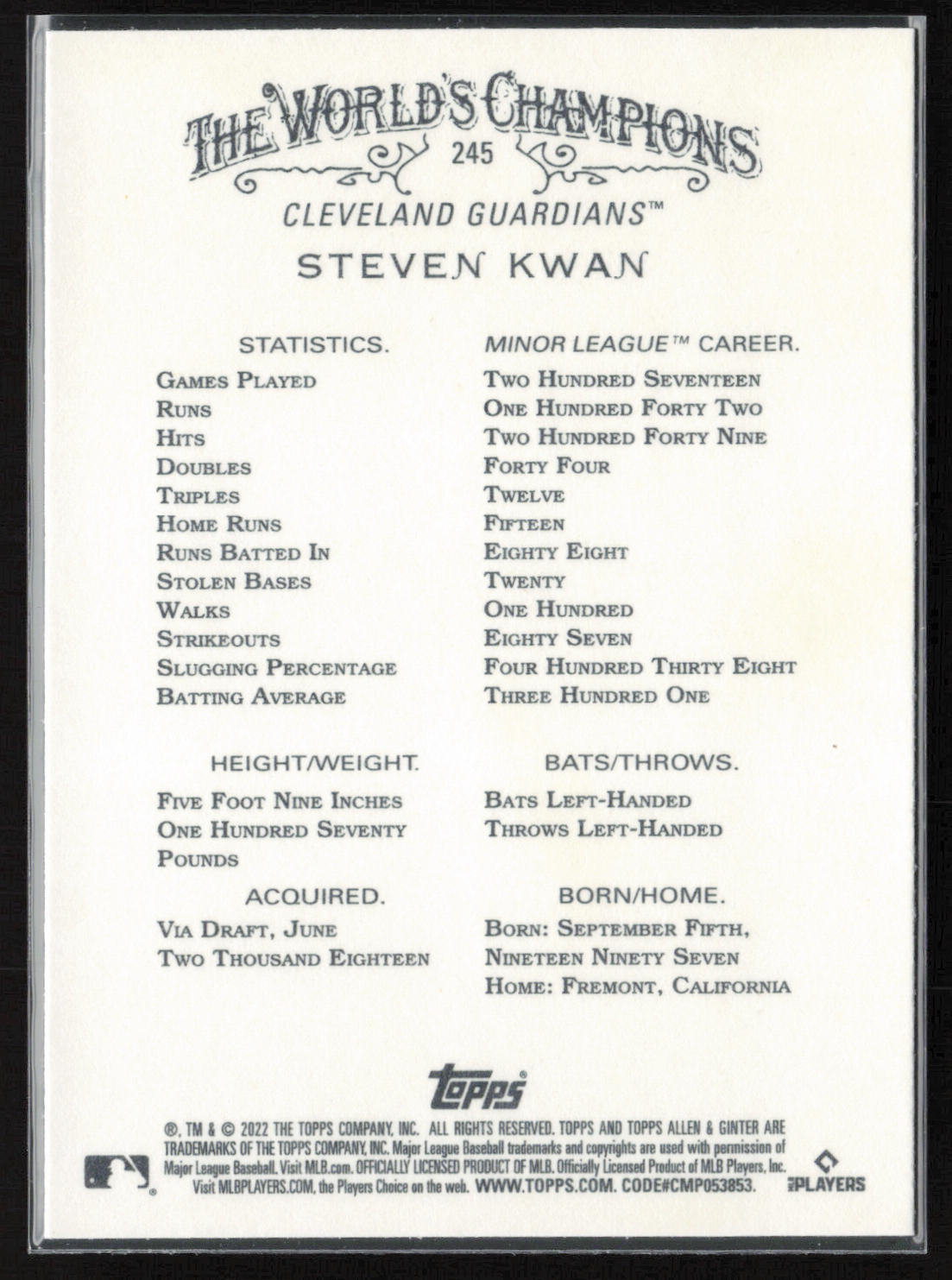 2022 Topps Allen & Ginter #245 Steven Kwan Silver Portrait
