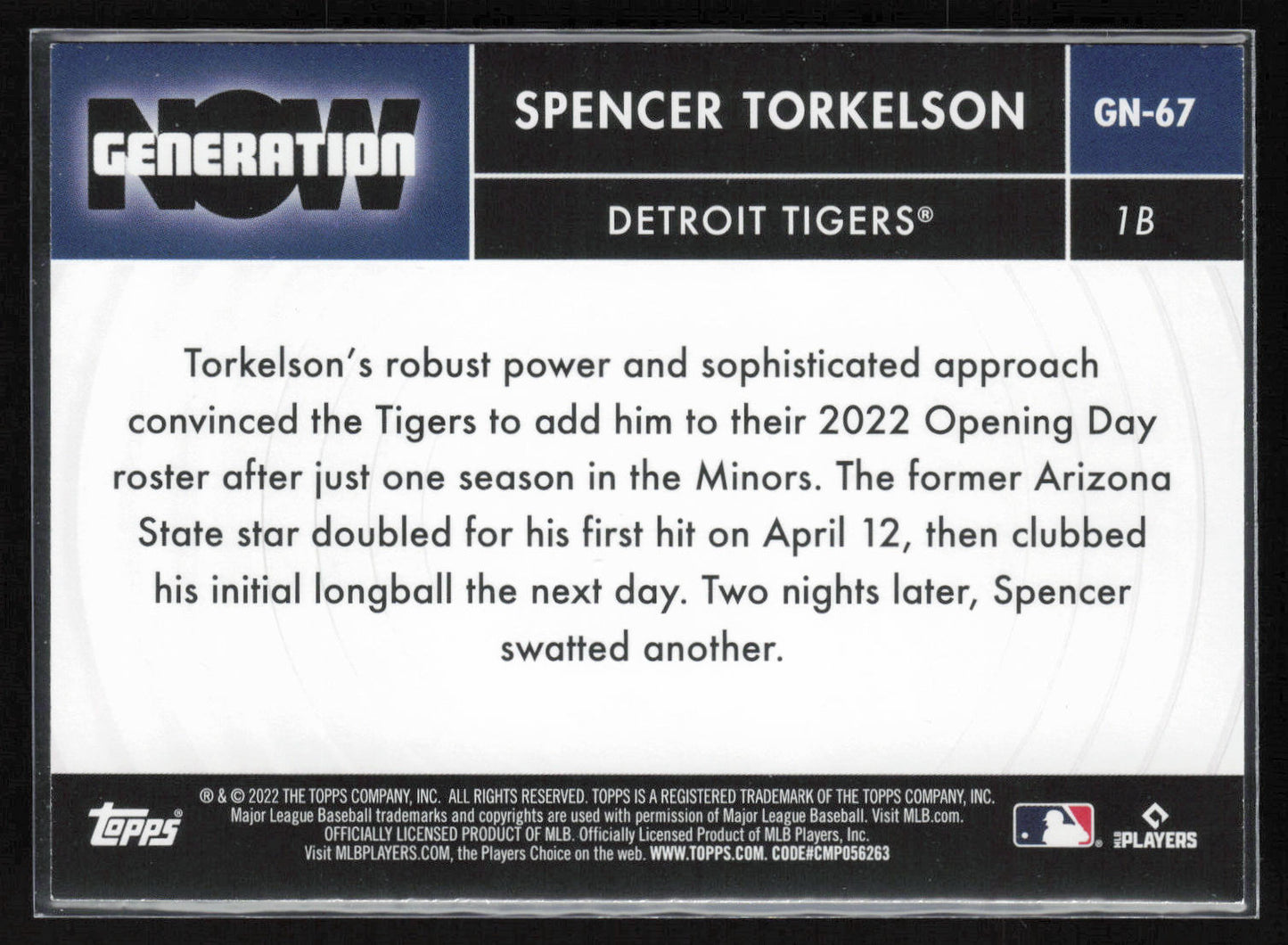 2022 Topps Update #GN-67 Spencer Torkelson Generation Now