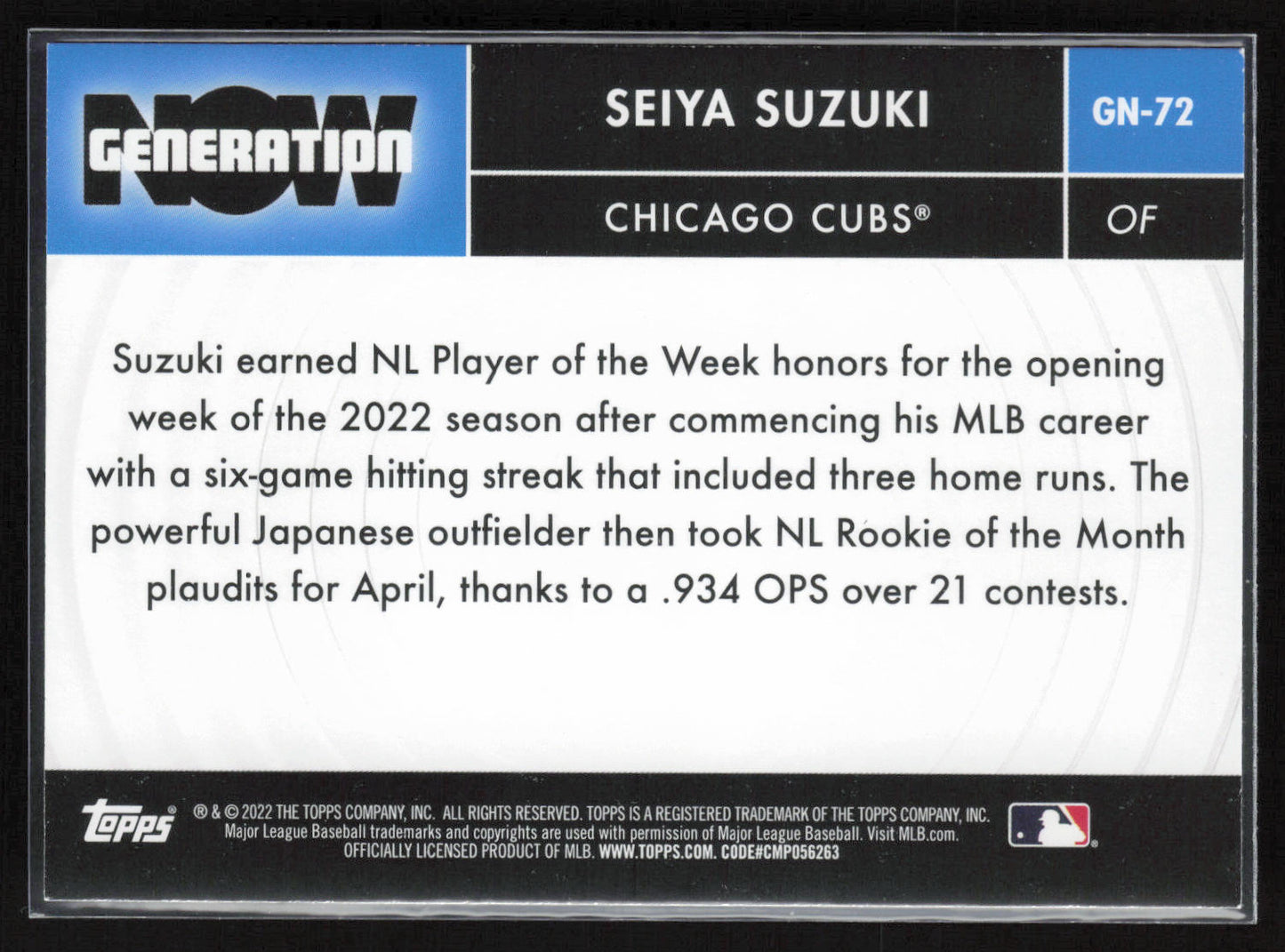2022 Topps Chrome Update #GNC-22 Seiya Suzuki Generation Now Chrome