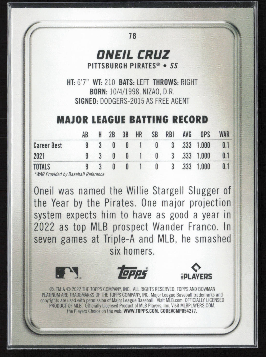 2022 Bowman Platinum #78 Oneil Cruz