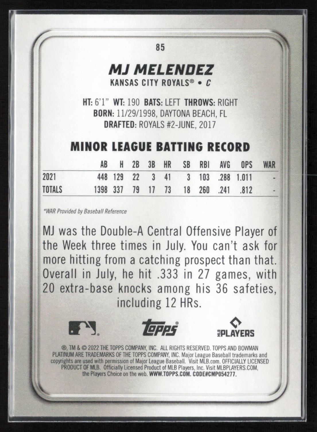 2022 Bowman Platinum #85 MJ Melendez