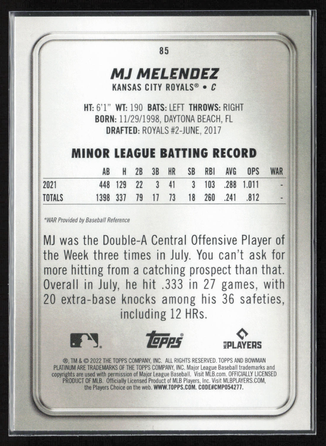 2022 Bowman Platinum #85 MJ Melendez