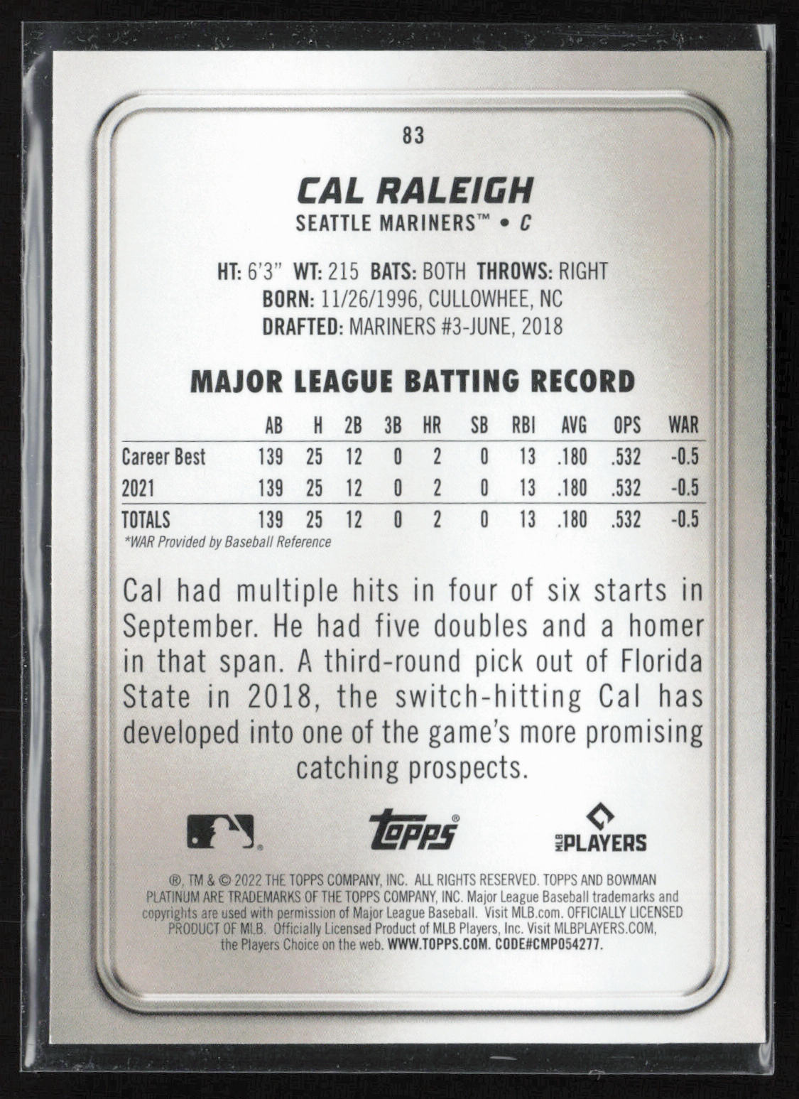 2022 Bowman Platinum #83 Cal Raleigh