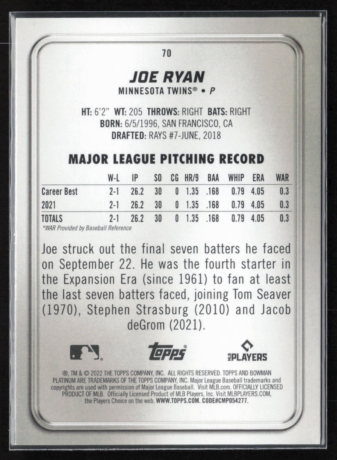 2022 Bowman Platinum #70 Joe Ryan