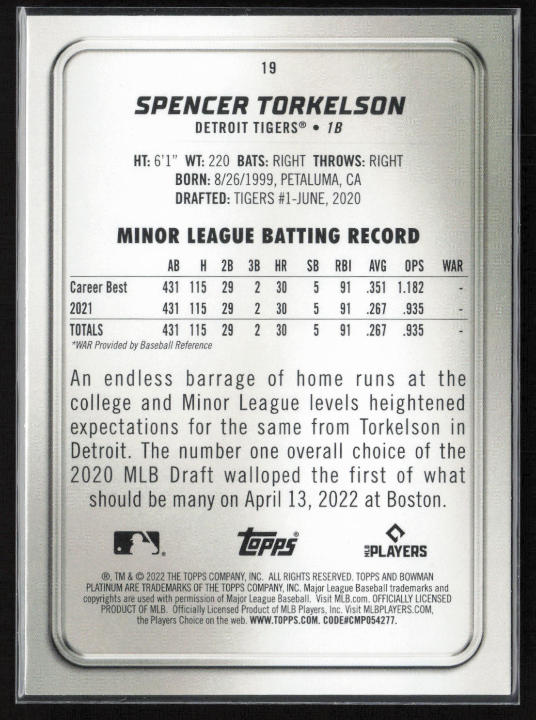 2022 Bowman Platinum #19 Spencer Torkelson