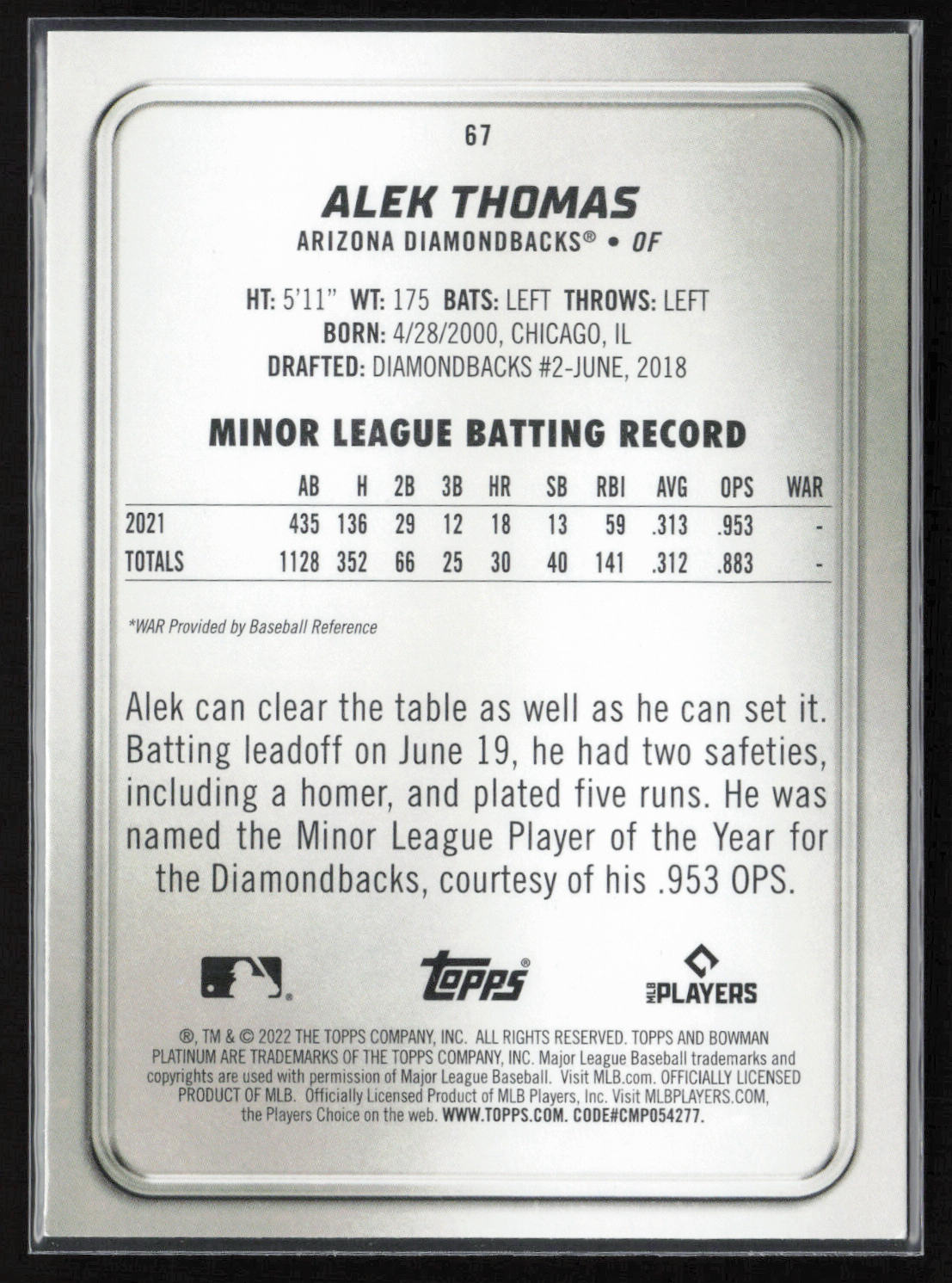 2022 Bowman Platinum #67 Alek Thomas