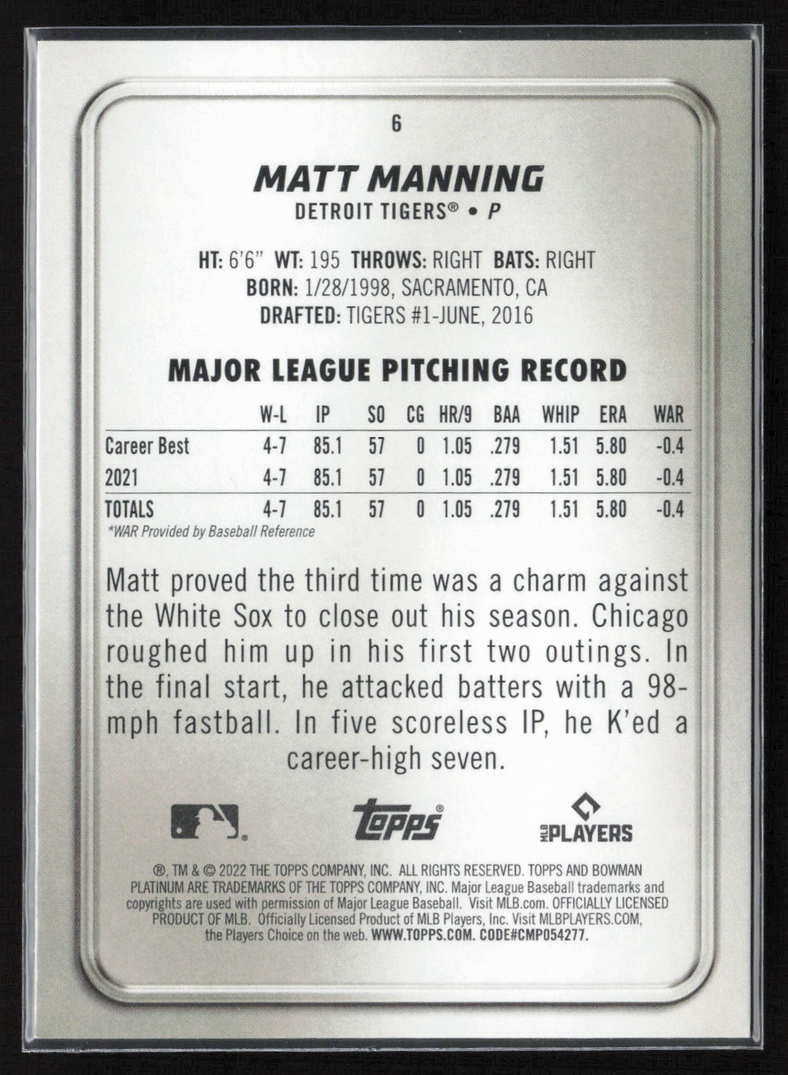 2022 Bowman Platinum #6 Matt Manning