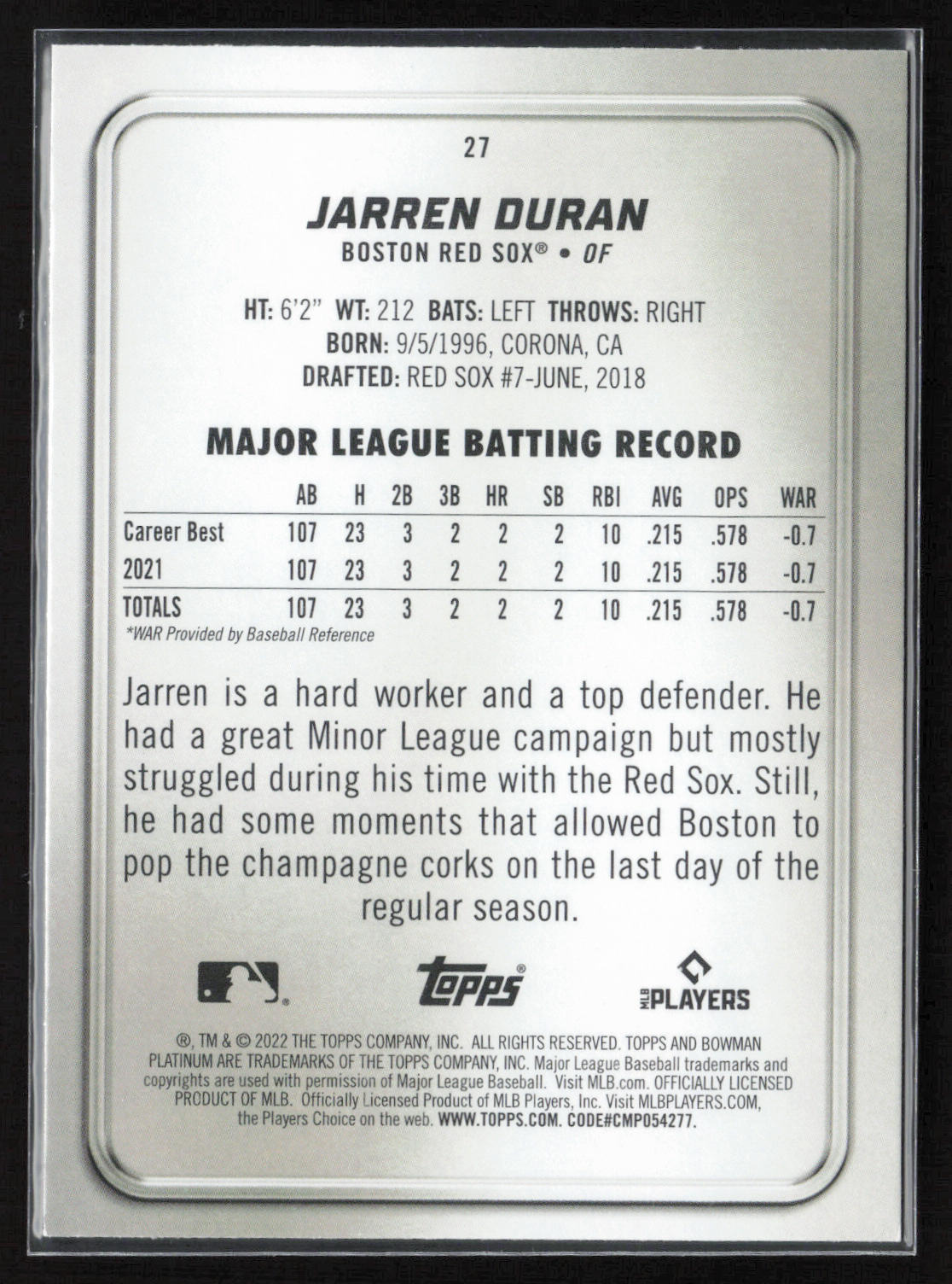 2022 Bowman Platinum #27 Jarren Duran