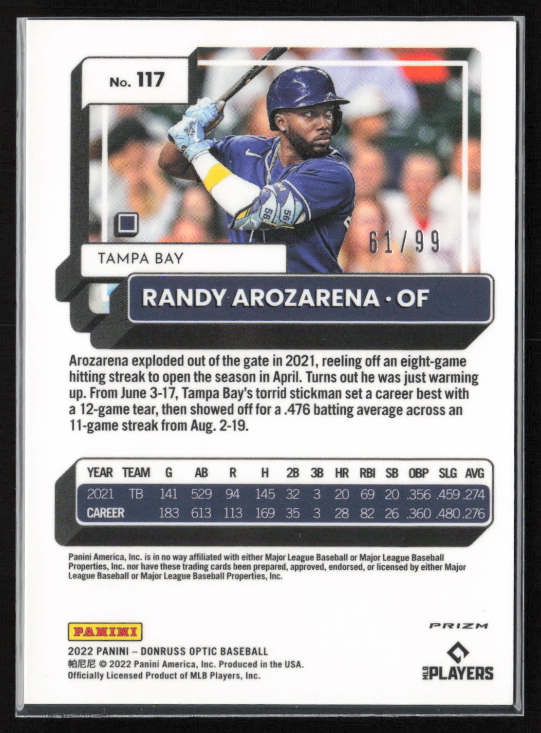 2022 Donruss Optic #117 Randy Arozarena Blue Velocity Prizm #61 of 99