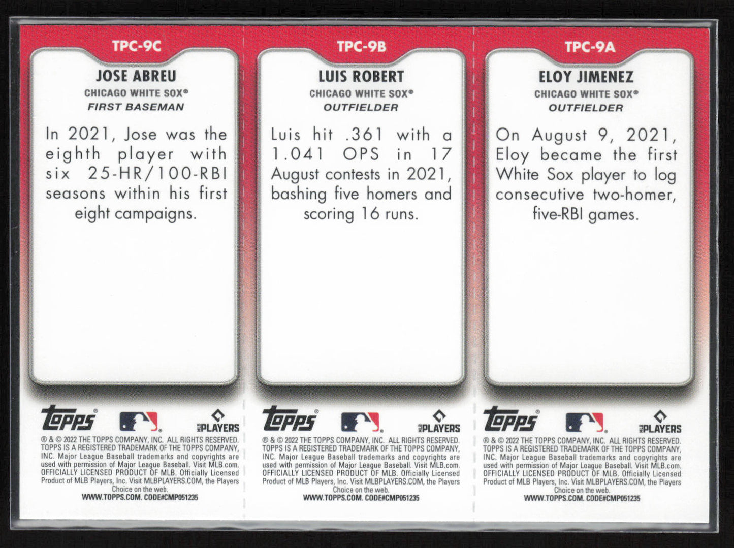 2022 Topps Opening Day #TPC-9A-9C Jimenez / Robert / Abreu Triple Play