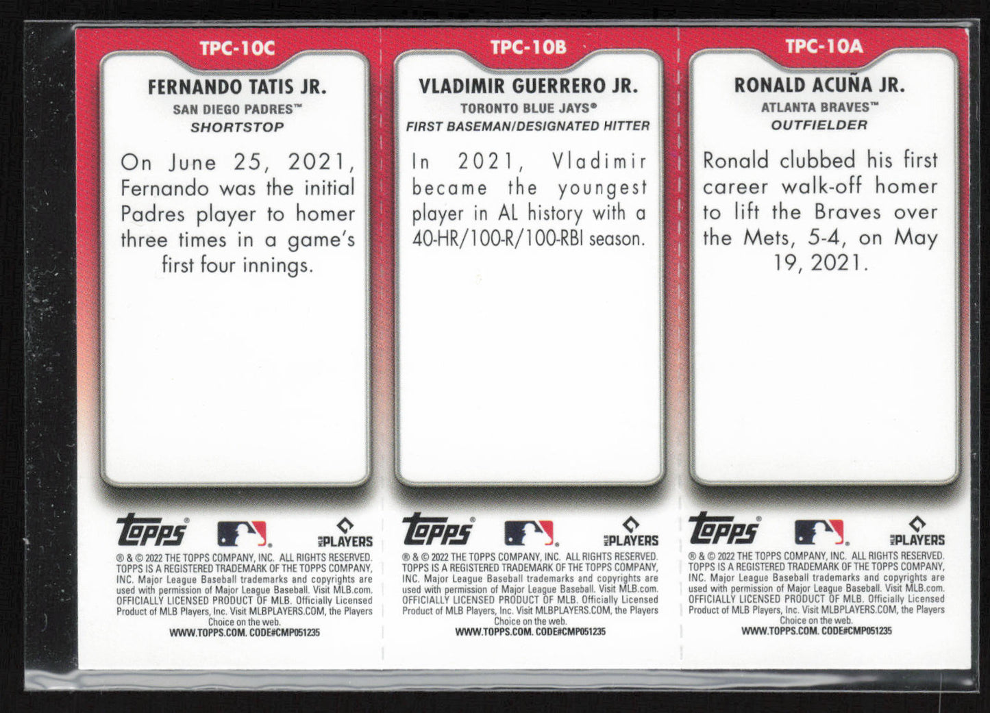 2022 Topps Opening Day #TPC-10A-10C Acuna / Guerrero/ Tatis Triple Play