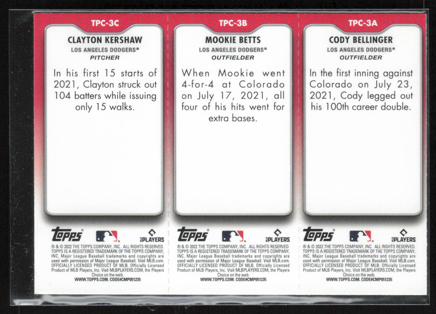 2022 Topps Opening Day #TPC-3A-3C Bellinger / Betts / Kershaw Triple Play
