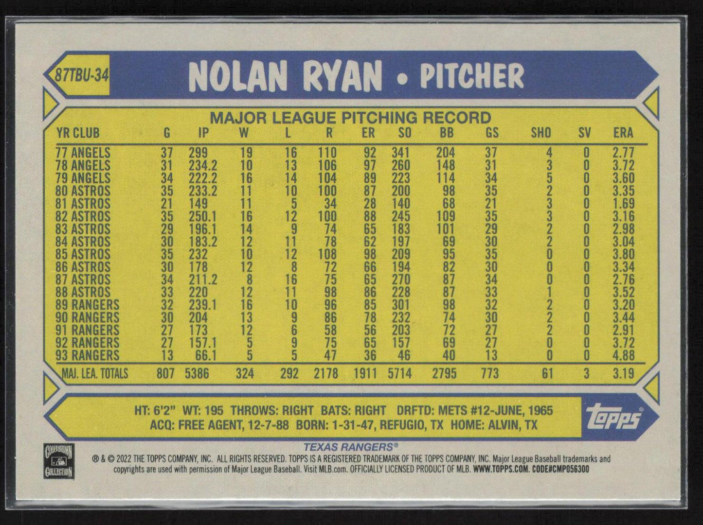 2022 Topps Update #87TBU-34 Nolan Ryan 1987 Topps Baseball 35th Anniversary
