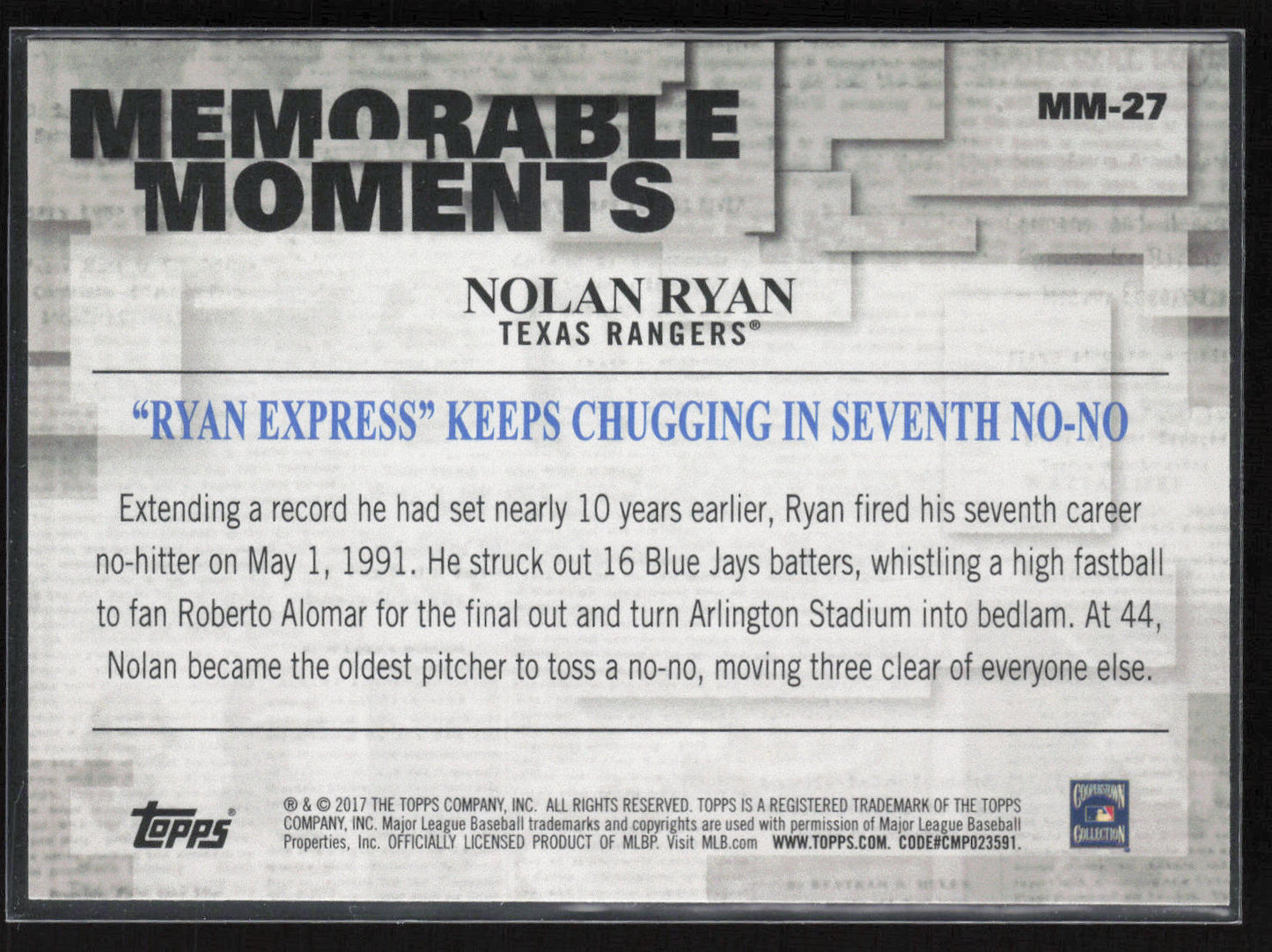 2017 Topps #MM-27 Nolan Ryan Memorable Moments