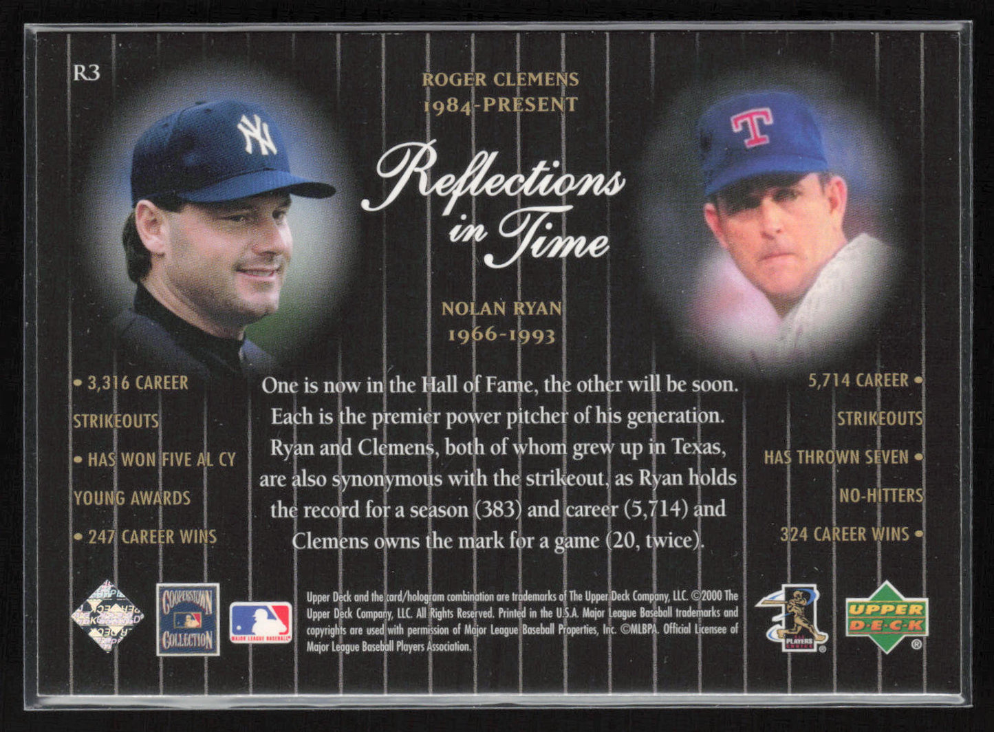 2000 Upper Deck Legends #R3 Roger Clemens / Nolan Ryan Reflections in Time