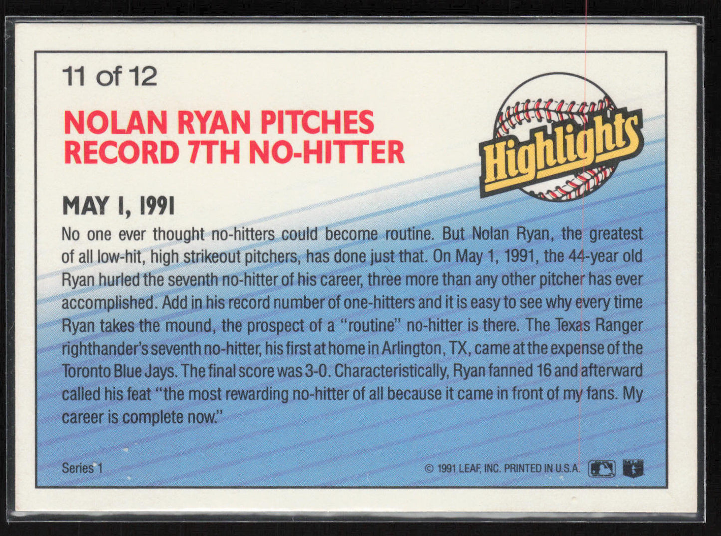 1992 Donruss Highlights #11 of 12 Nolan Ryan