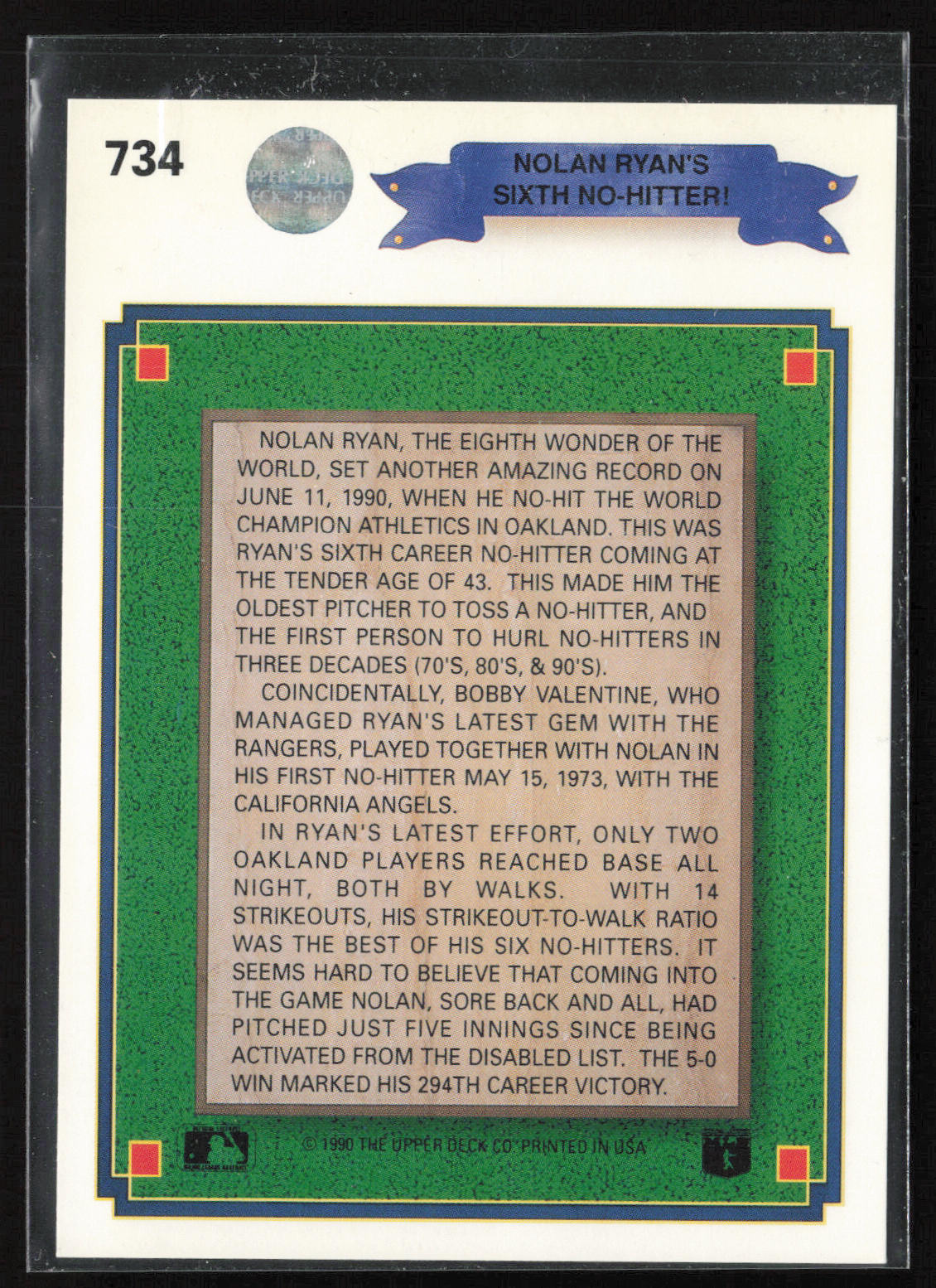 1990 Upper Deck #734 Nolan Ryan No banner on front