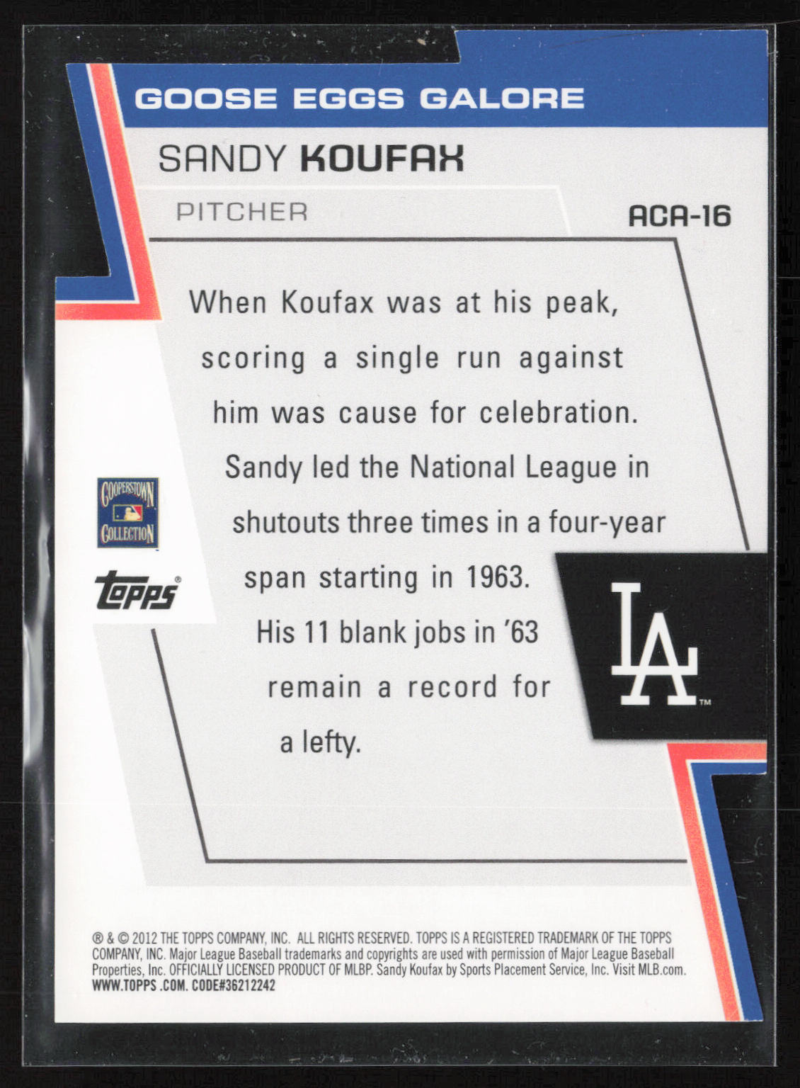 2012 Topps #ACA-16 Sandy Koufax A Cut Above
